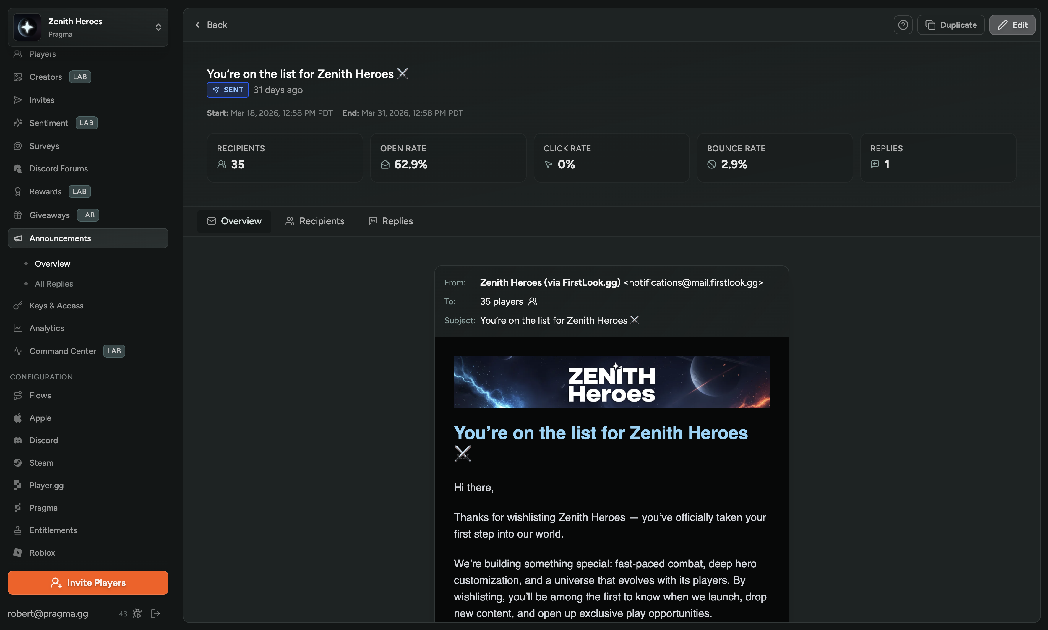 FirstLook Announcements: composing a branded email to a targeted player segment