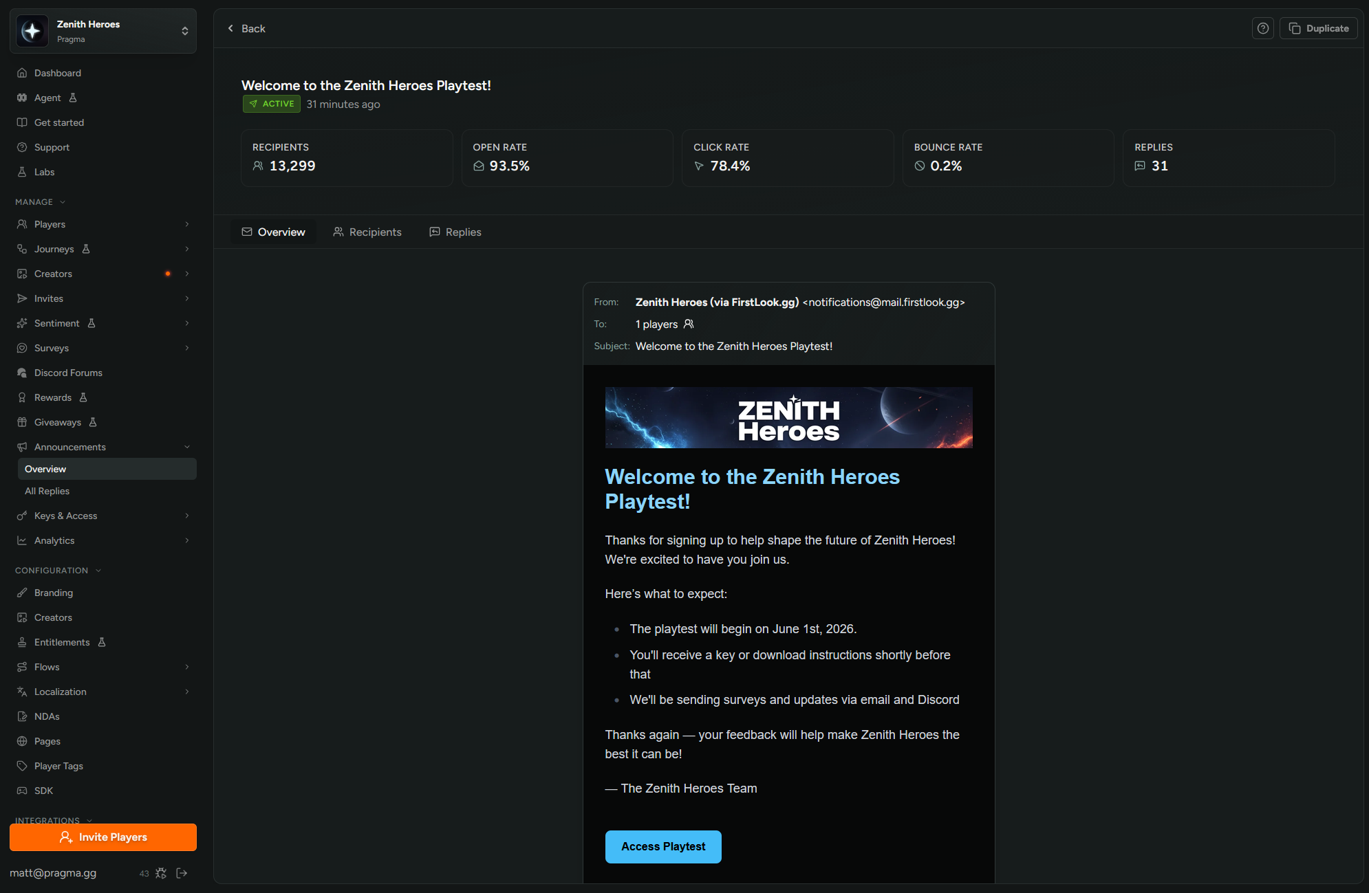 FirstLook Announcements: composing a branded email to a targeted player segment