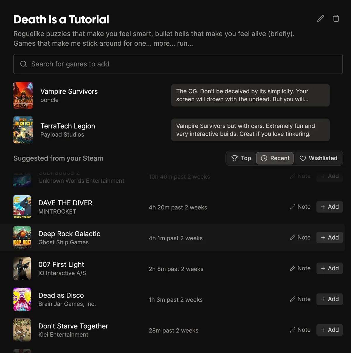 The Collection editor with a curated list of games and personal notes