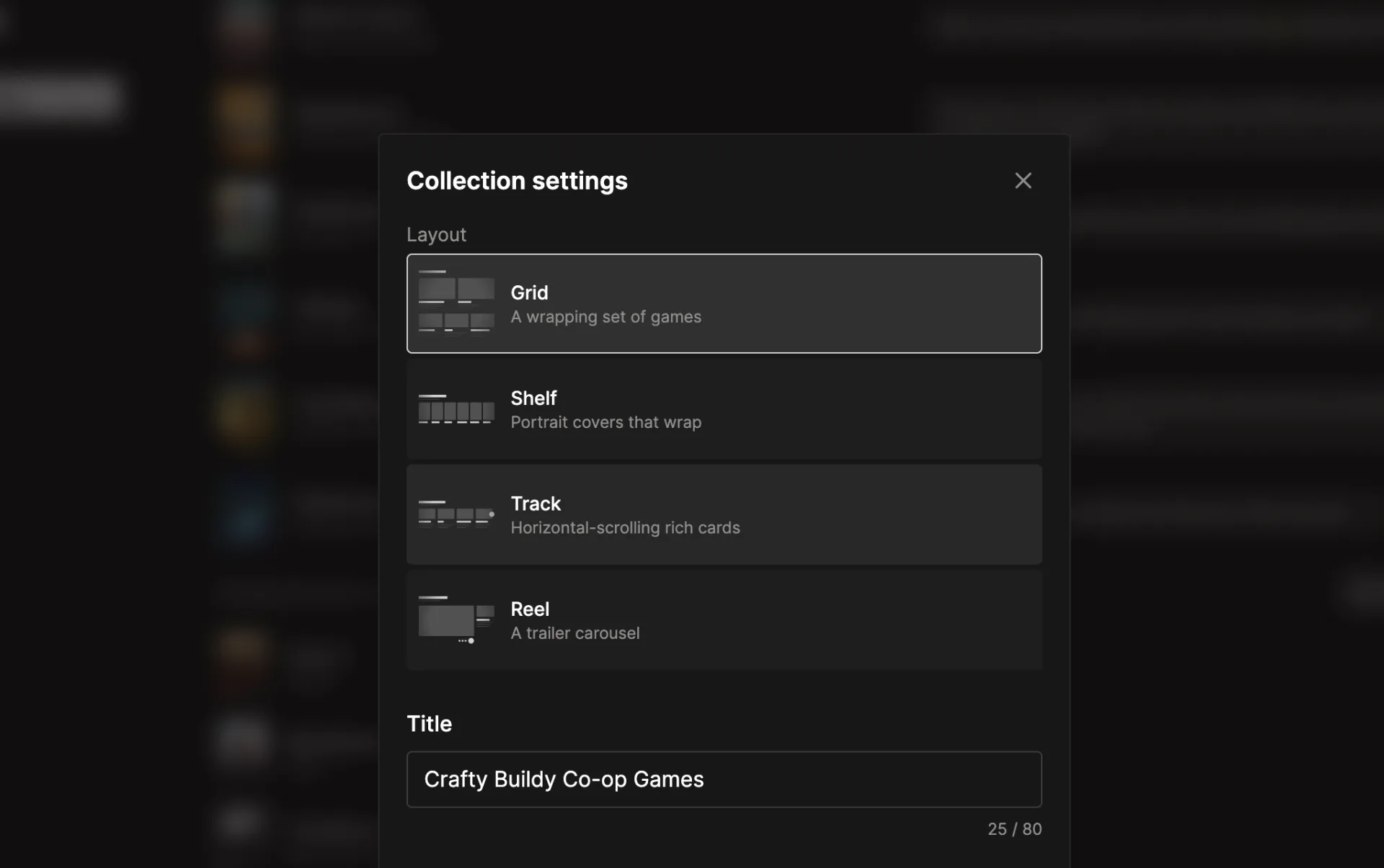 The Collection settings dialog showing Grid, Shelf, Track, and Reel layout options.