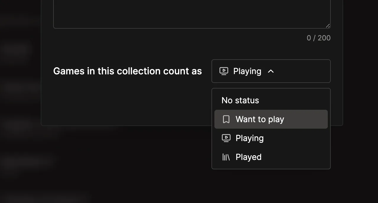 The collection settings status menu with options for Want to play, Playing, and Played.