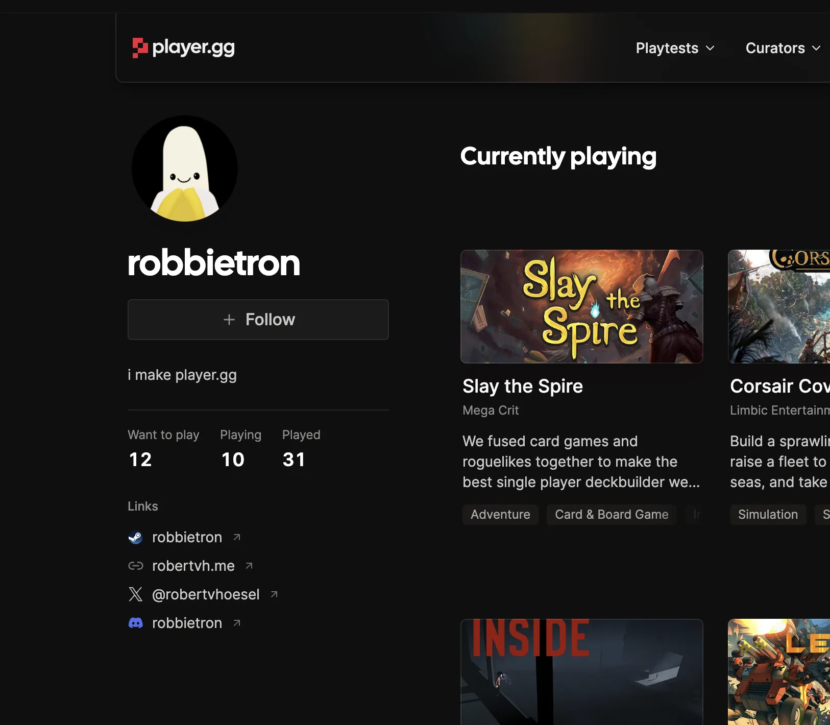 A profile showing Want to play, Playing, and Played totals beside a Currently playing collection.