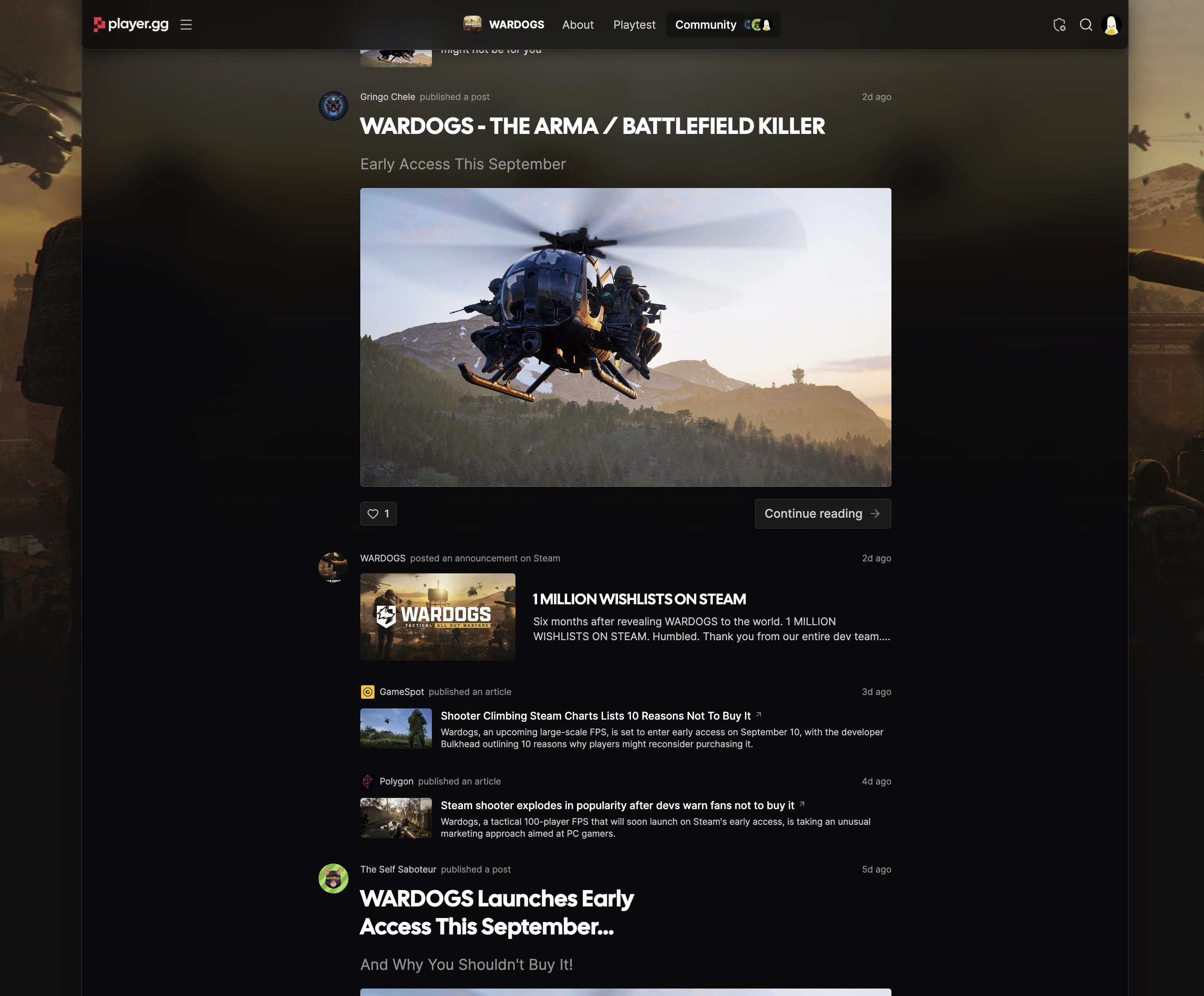 The Community tab on a game page showing posts, Steam announcements, and news coverage.