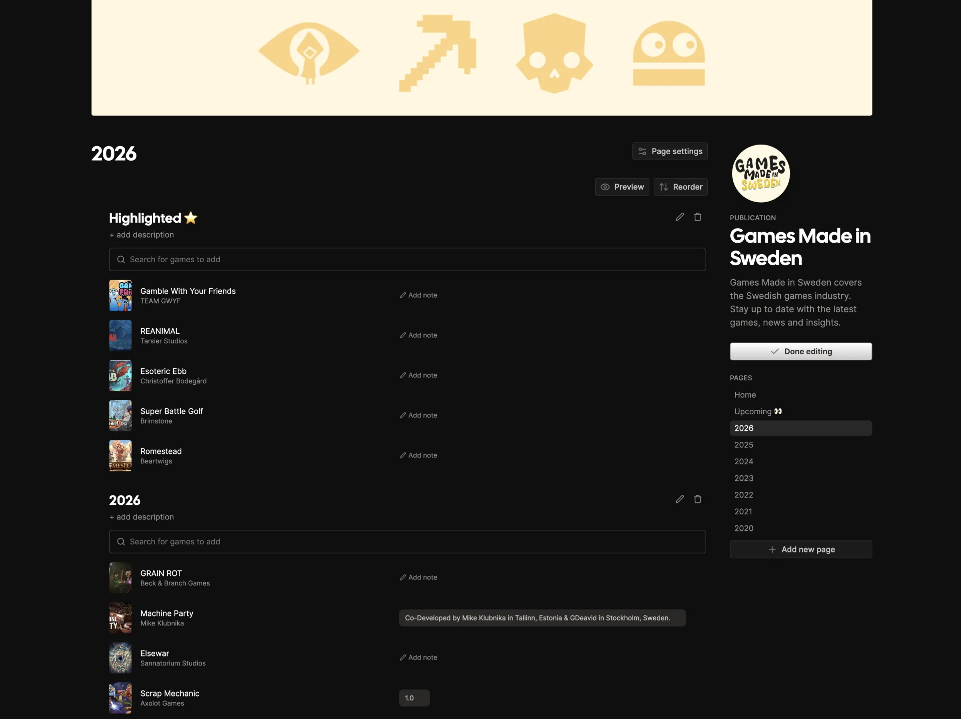 A themed publication Page editor with multiple game collections and a Pages navigation.