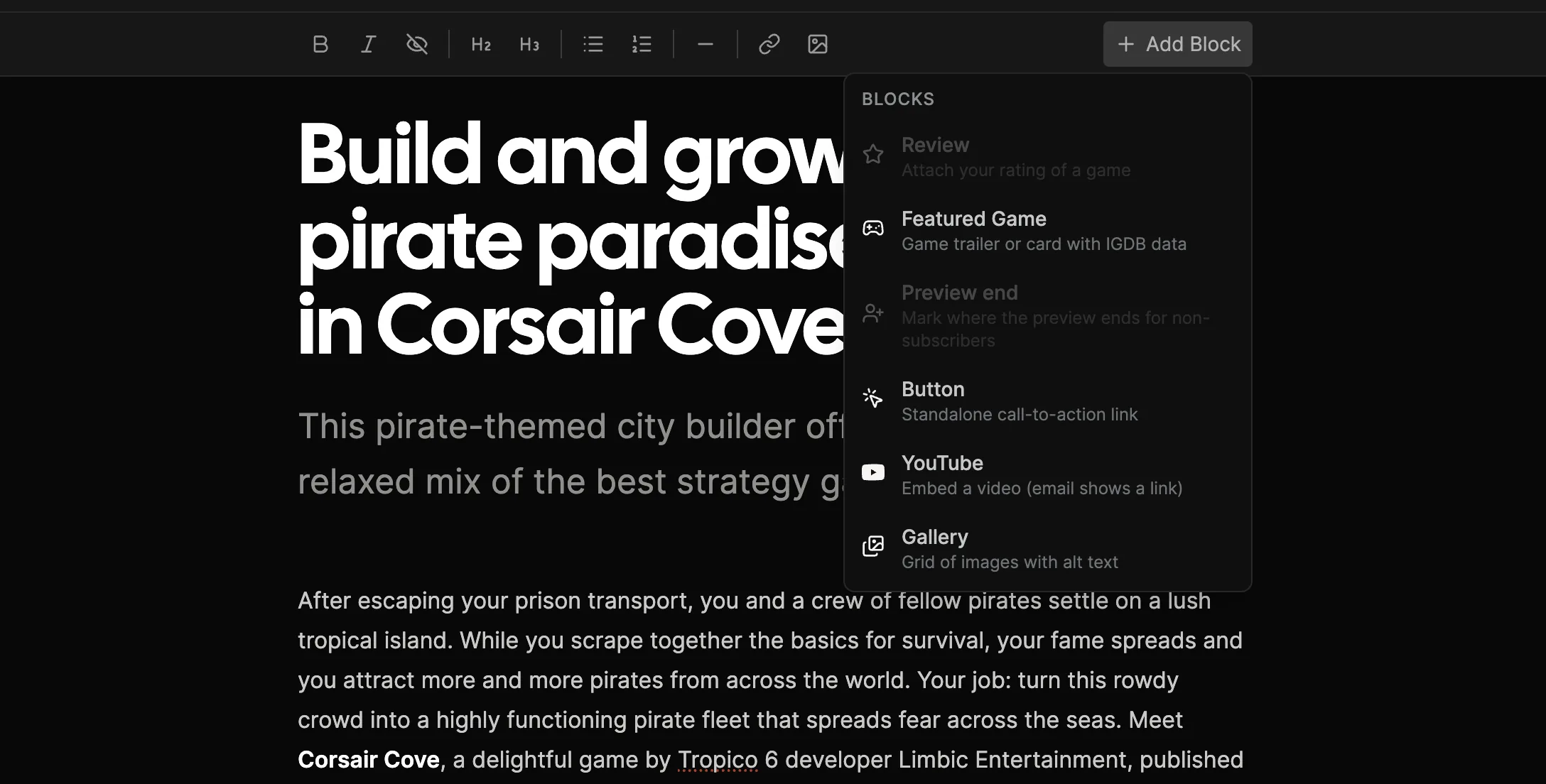 The Add Block menu in the editor, with options for Featured Game, Preview end, Button, YouTube, and Gallery.