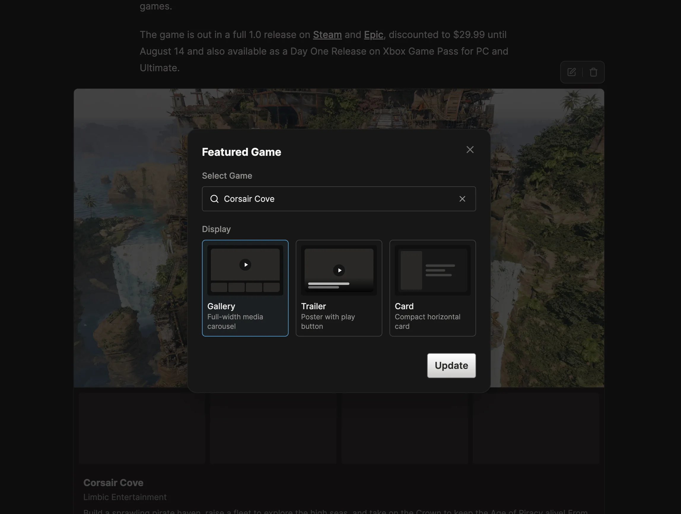The Featured Game dialog with game search and Gallery, Trailer, and Card display options.