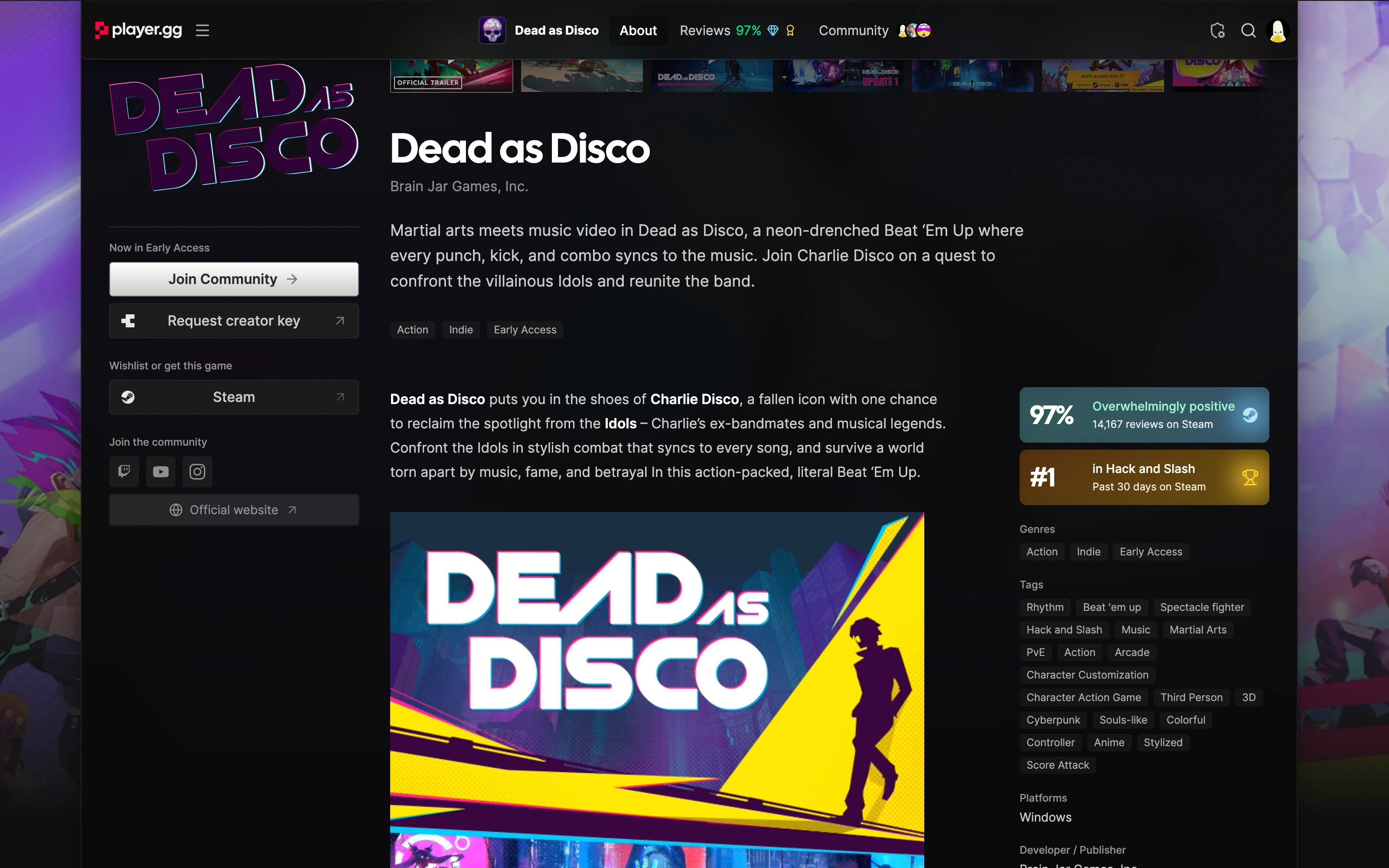 Dead as Disco's About tab, showing its Steam review score and number-one ranking in Hack and Slash over the past 30 days.