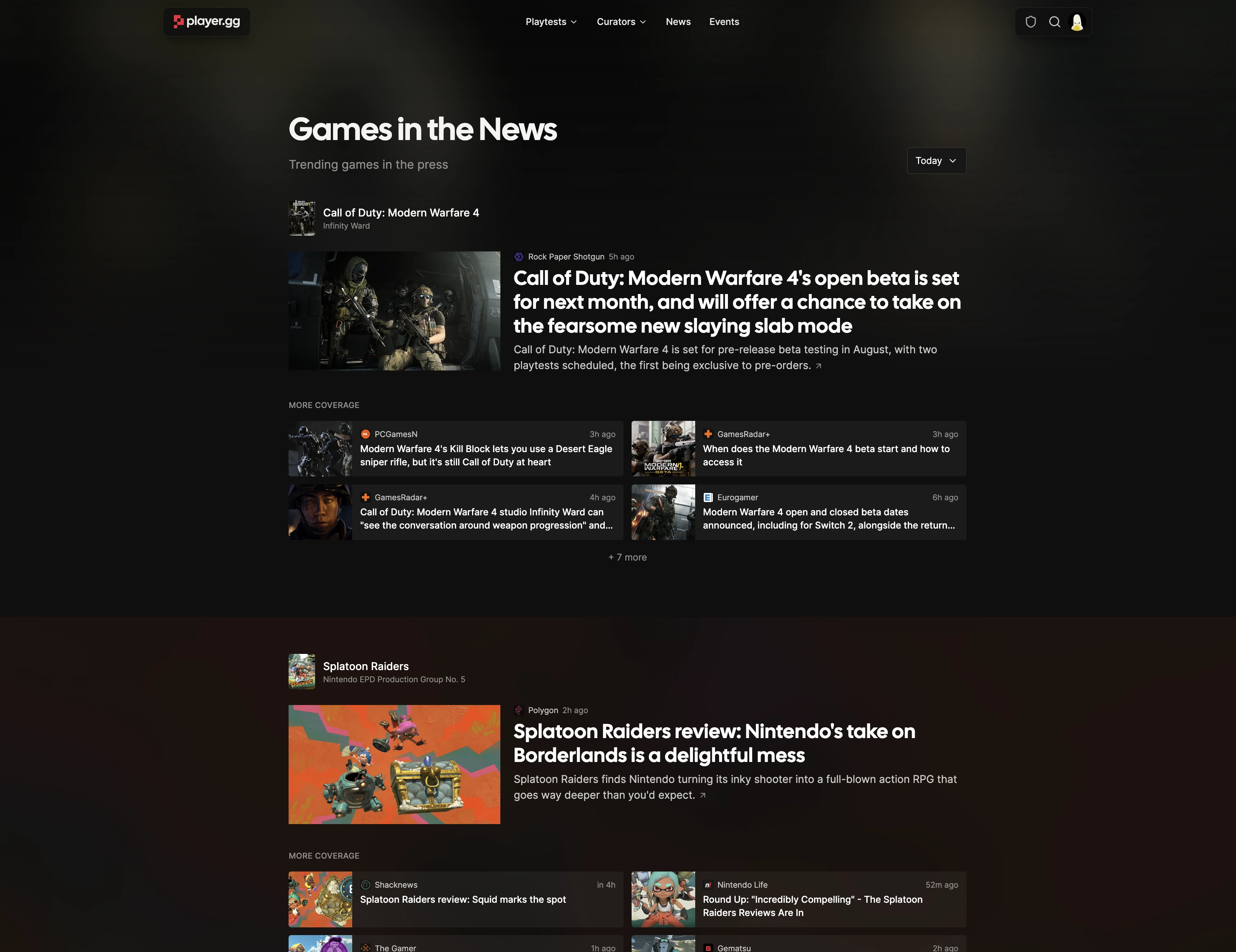 The Games in the News page grouping current coverage by game.