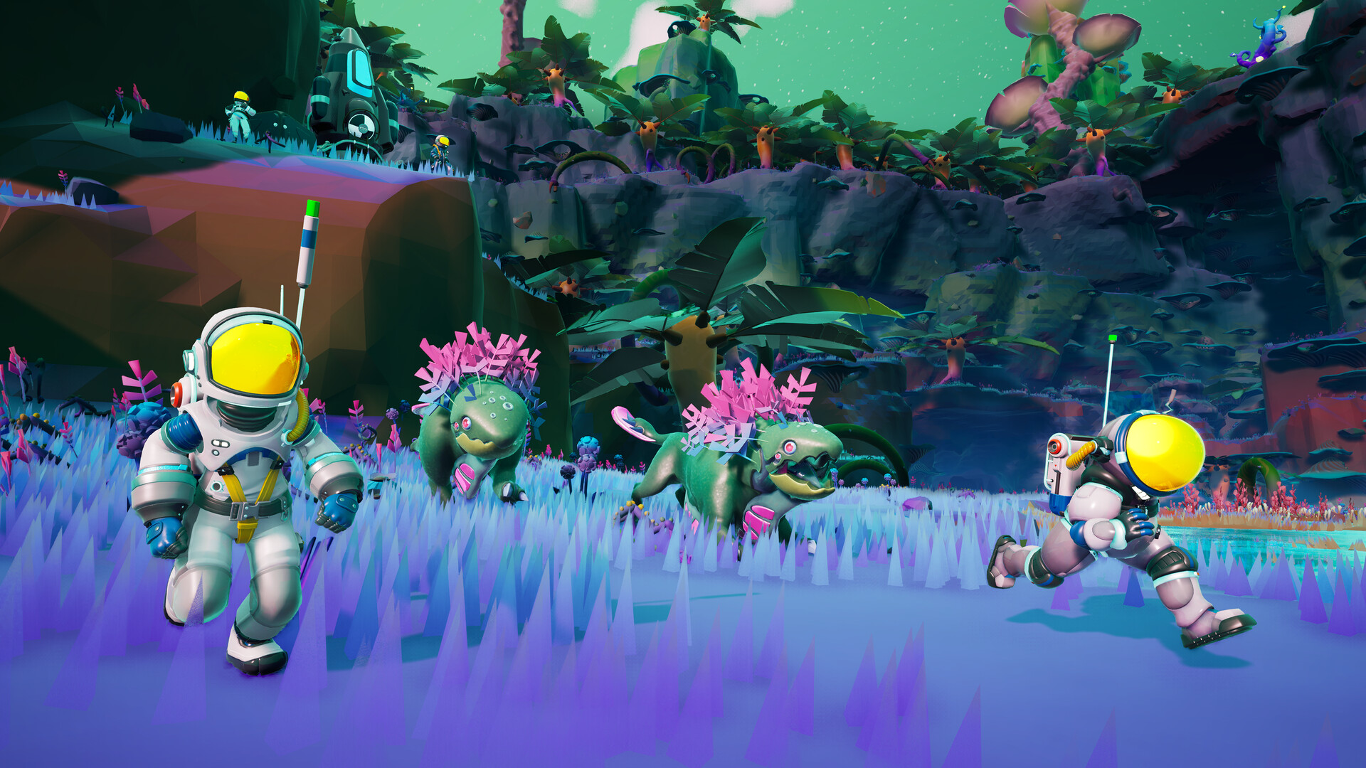 STARSEEKER: Astroneer Expeditions gameplay, with astronauts exploring an alien planet alongside creatures