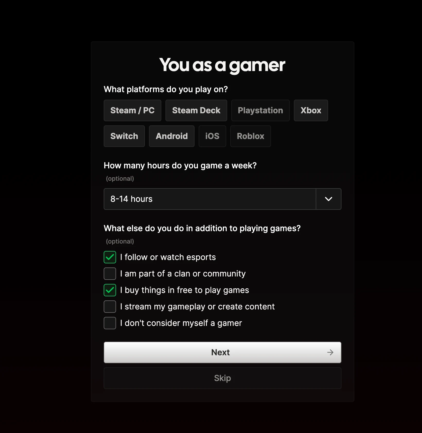The You as a gamer profile step with platform, weekly playtime, and gaming activity questions.
