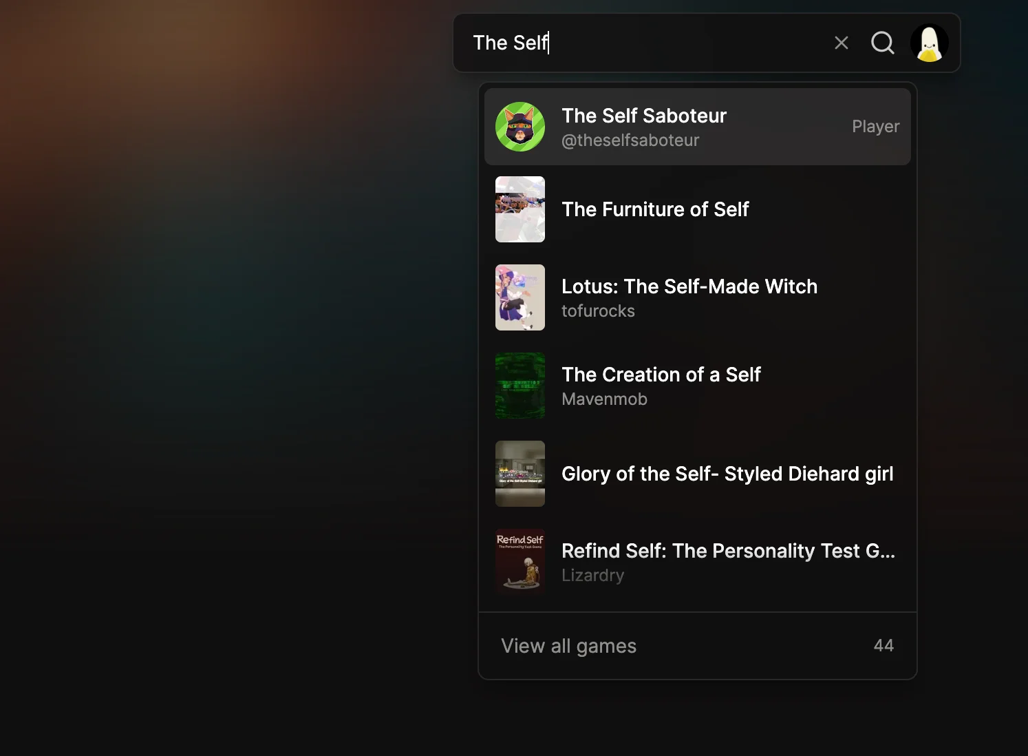 The search bar with “The Self” typed in, showing the curator The Self Saboteur above several matching games.