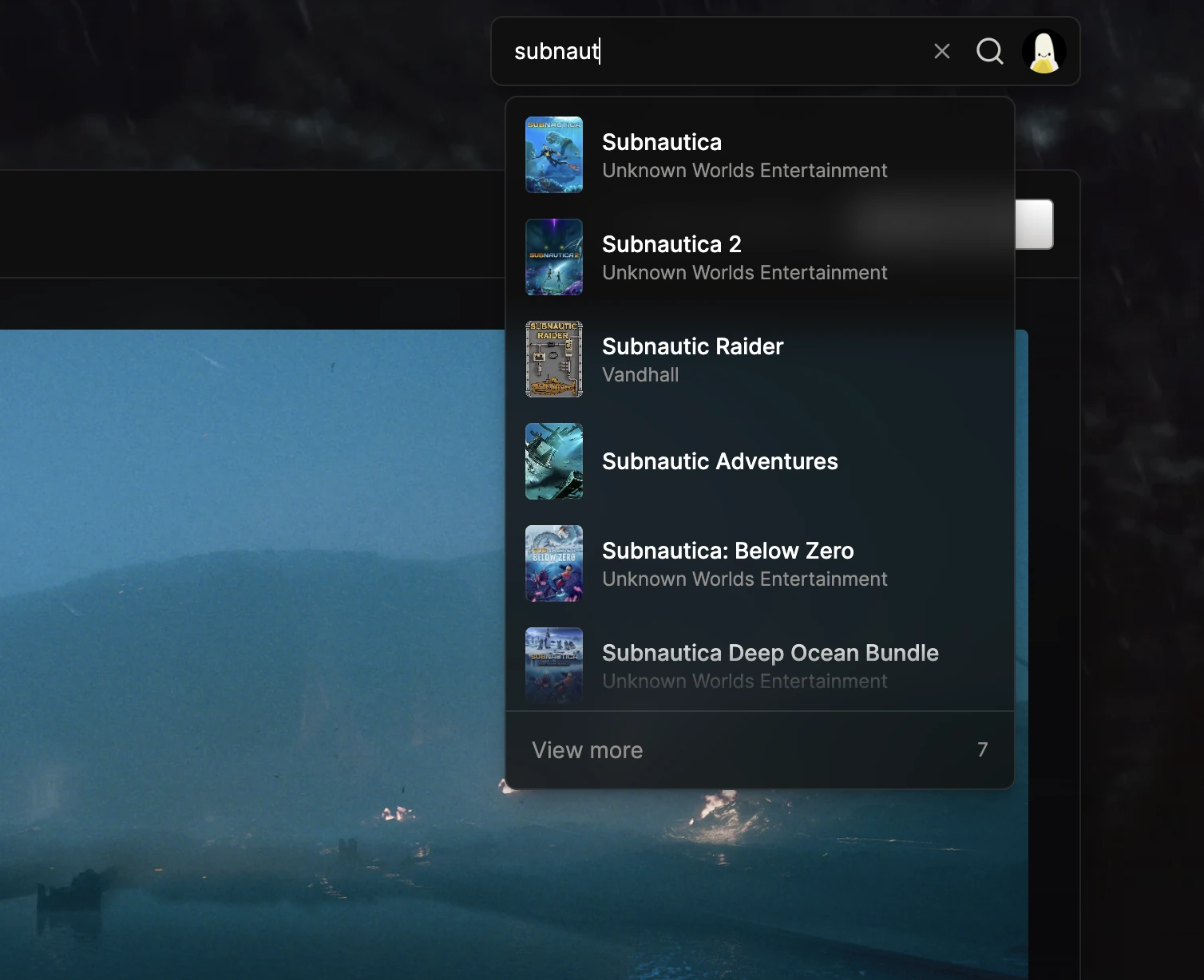 Global game search showing matching Subnautica games in the player.gg top bar.