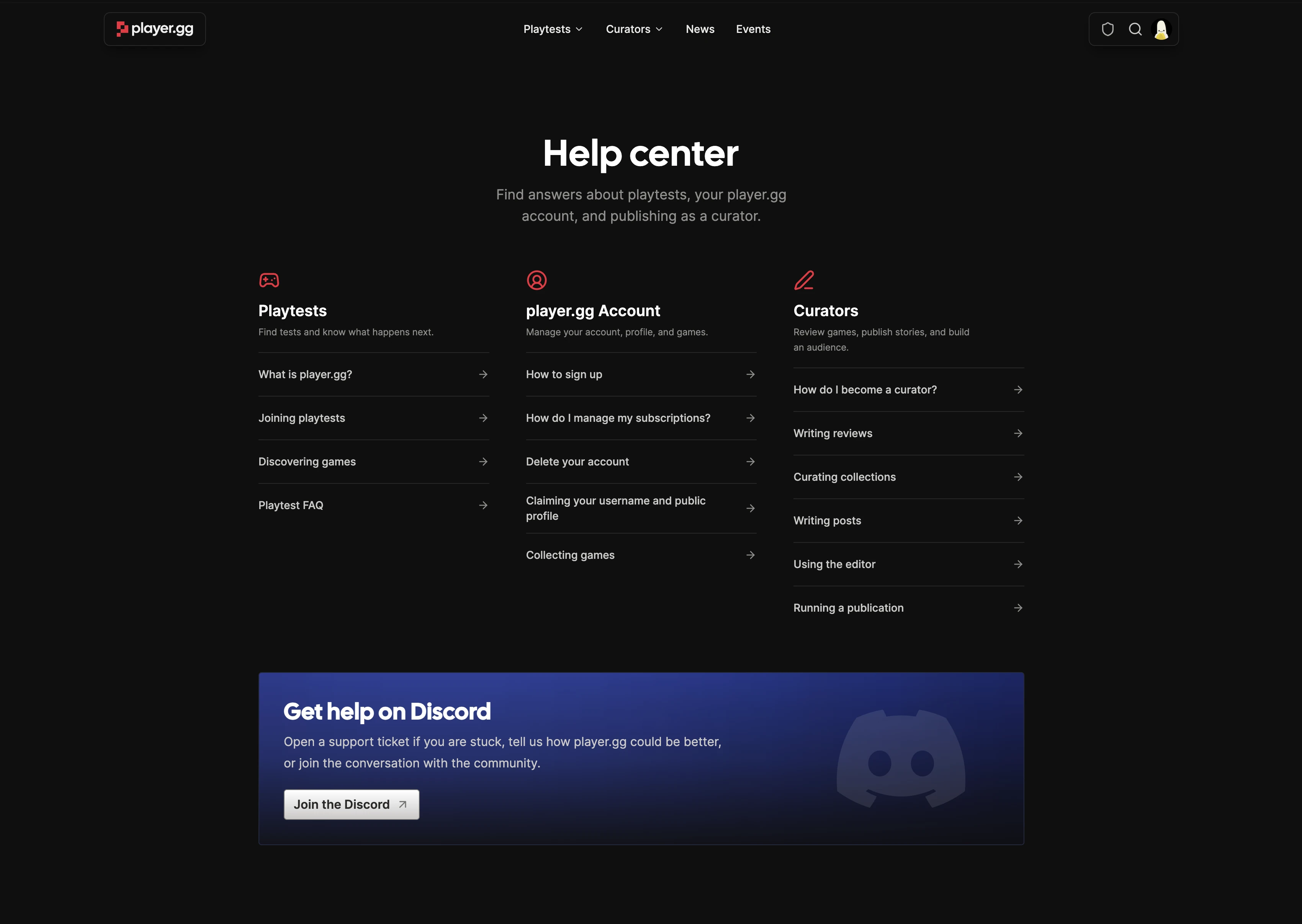 The player.gg help center with guides for playtests, accounts, curators, and developers.