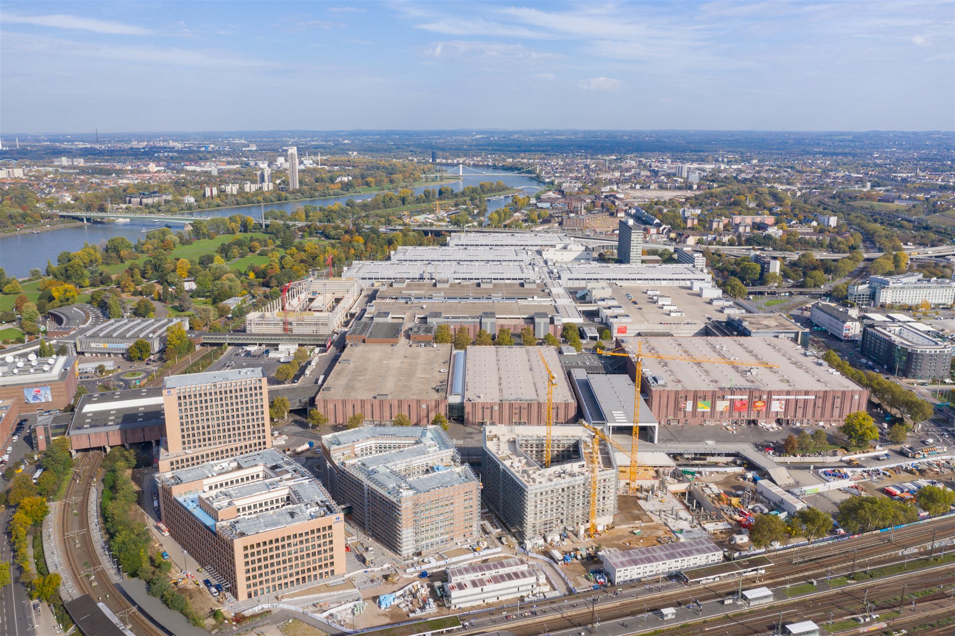 Aerial view of the Koelnmesse exhibition grounds in Cologne, Germany