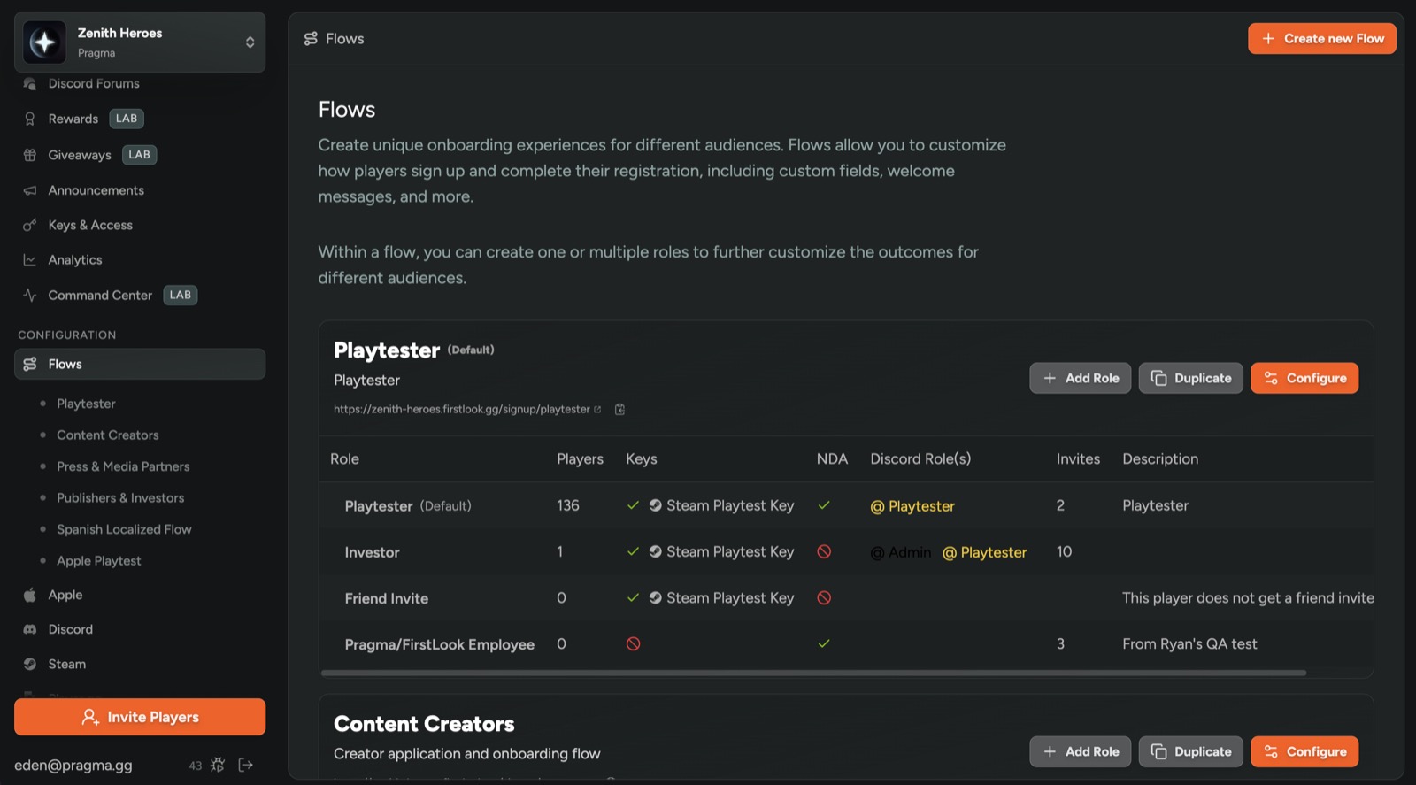 FirstLook Flows: multiple onboarding flows per role with platform keys, NDAs, and Discord roles