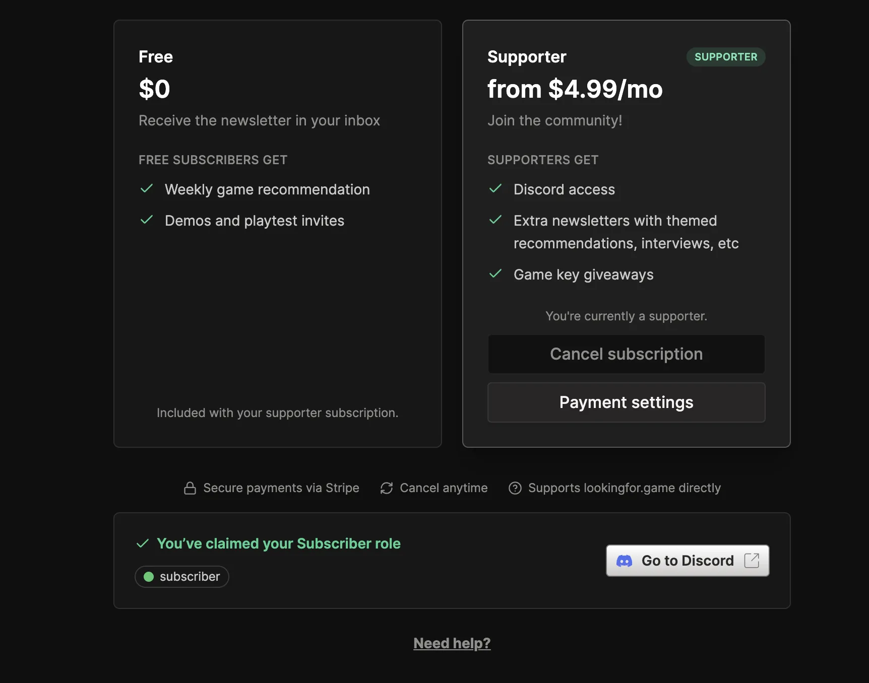 A publication subscription page with Free and Supporter tiers, Cancel subscription, and Payment settings.
