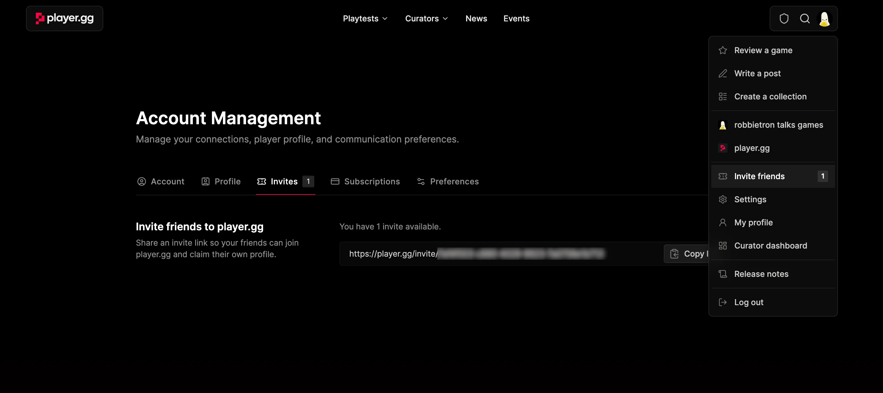 The account menu showing an available friend invite, with a shareable invite link in account settings.