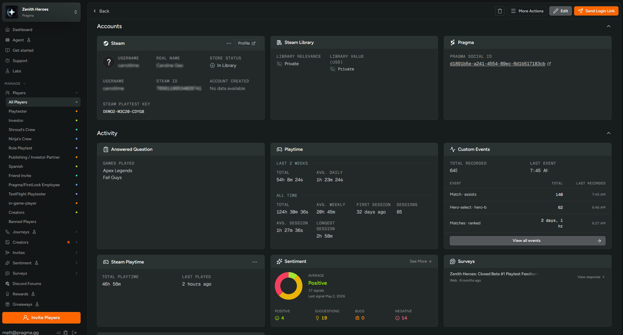 A single player profile showing sessions and playtime alongside the rest of their in-game and out-of-game activity