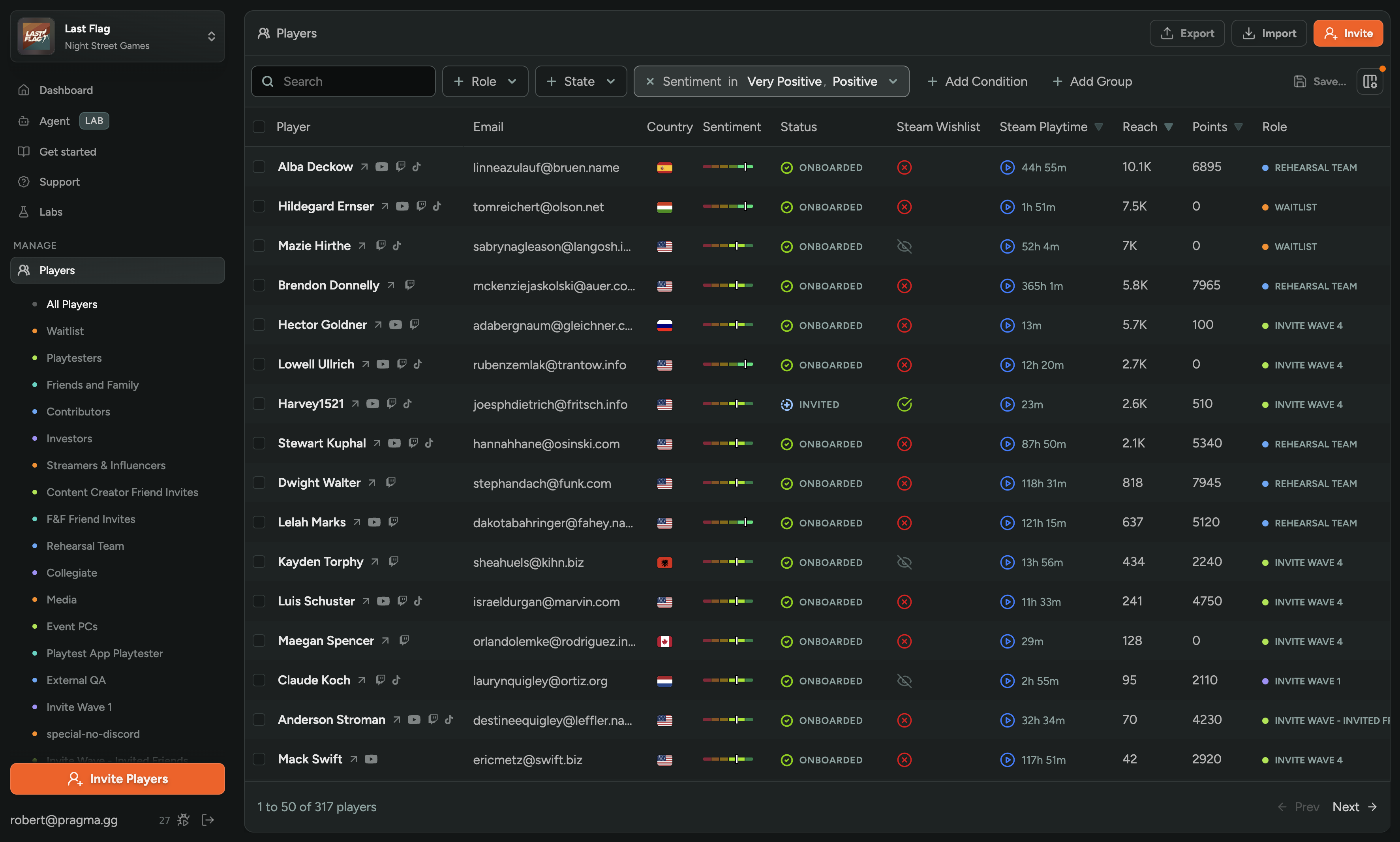 FirstLook Player CRM: players list with status, Steam playtime, retention cohort, role, and custom tags