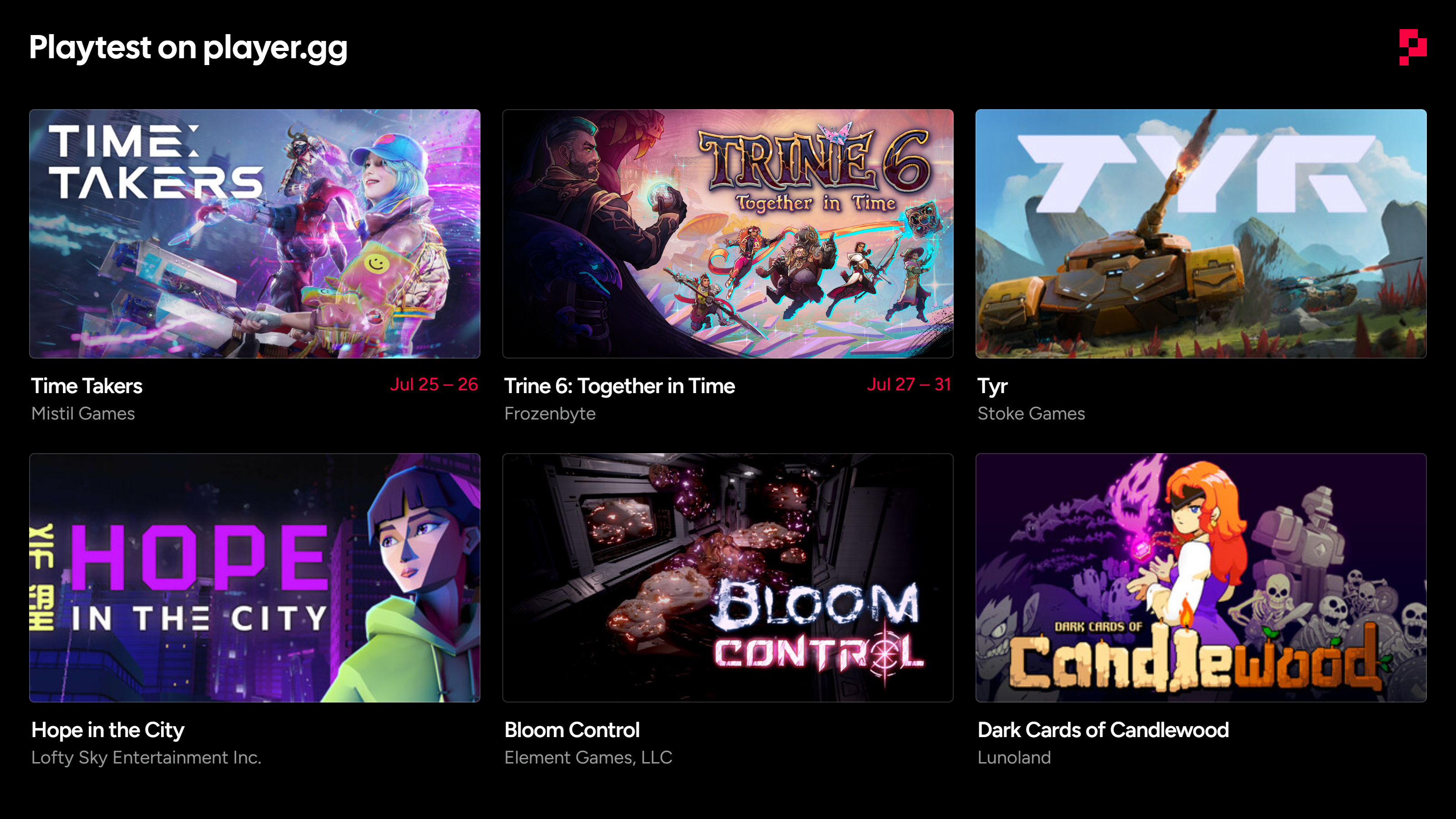 Live playtests on player.gg, showing games like Time Takers, Trine 6, Tyr, Hope in the City, Bloom Control and Dark Cards of Candlewood