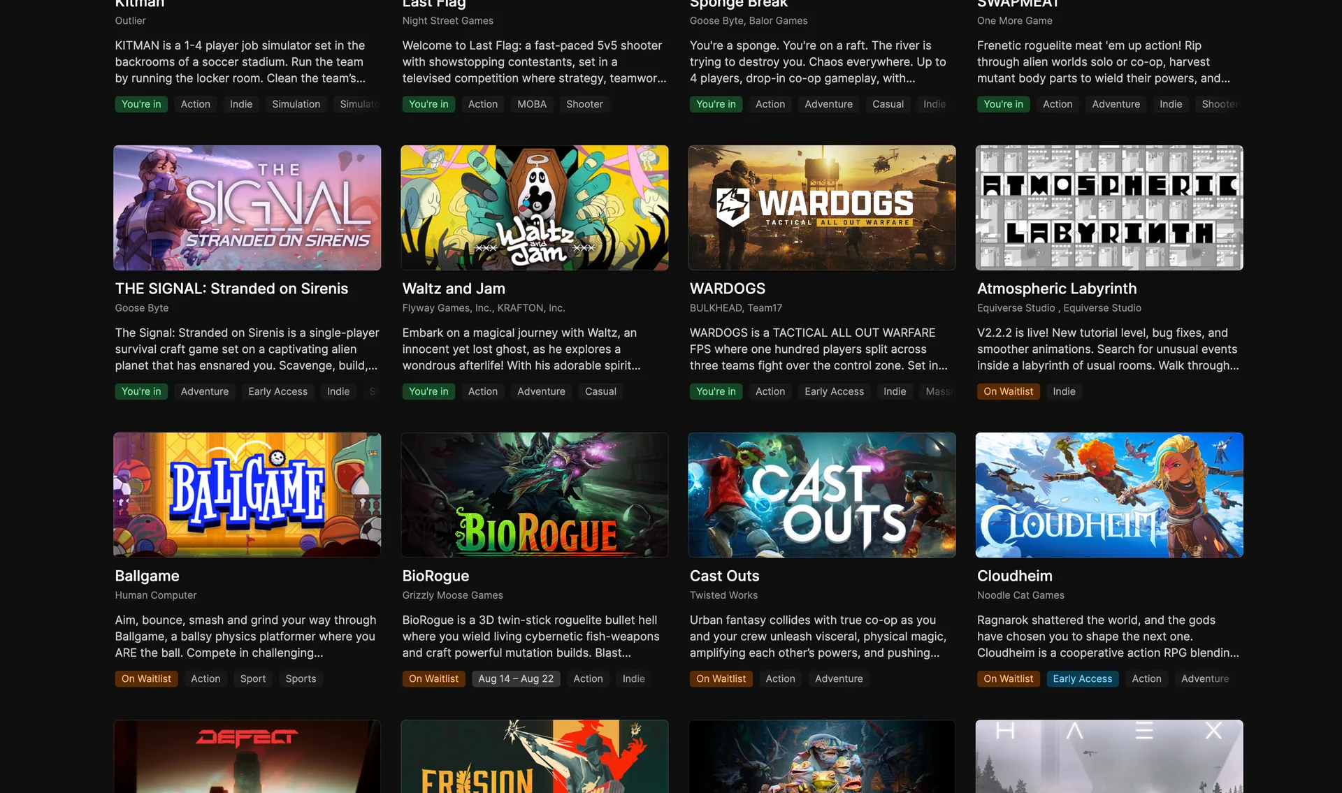 The My playtests grid with accepted games marked You're in and other games marked On Waitlist.