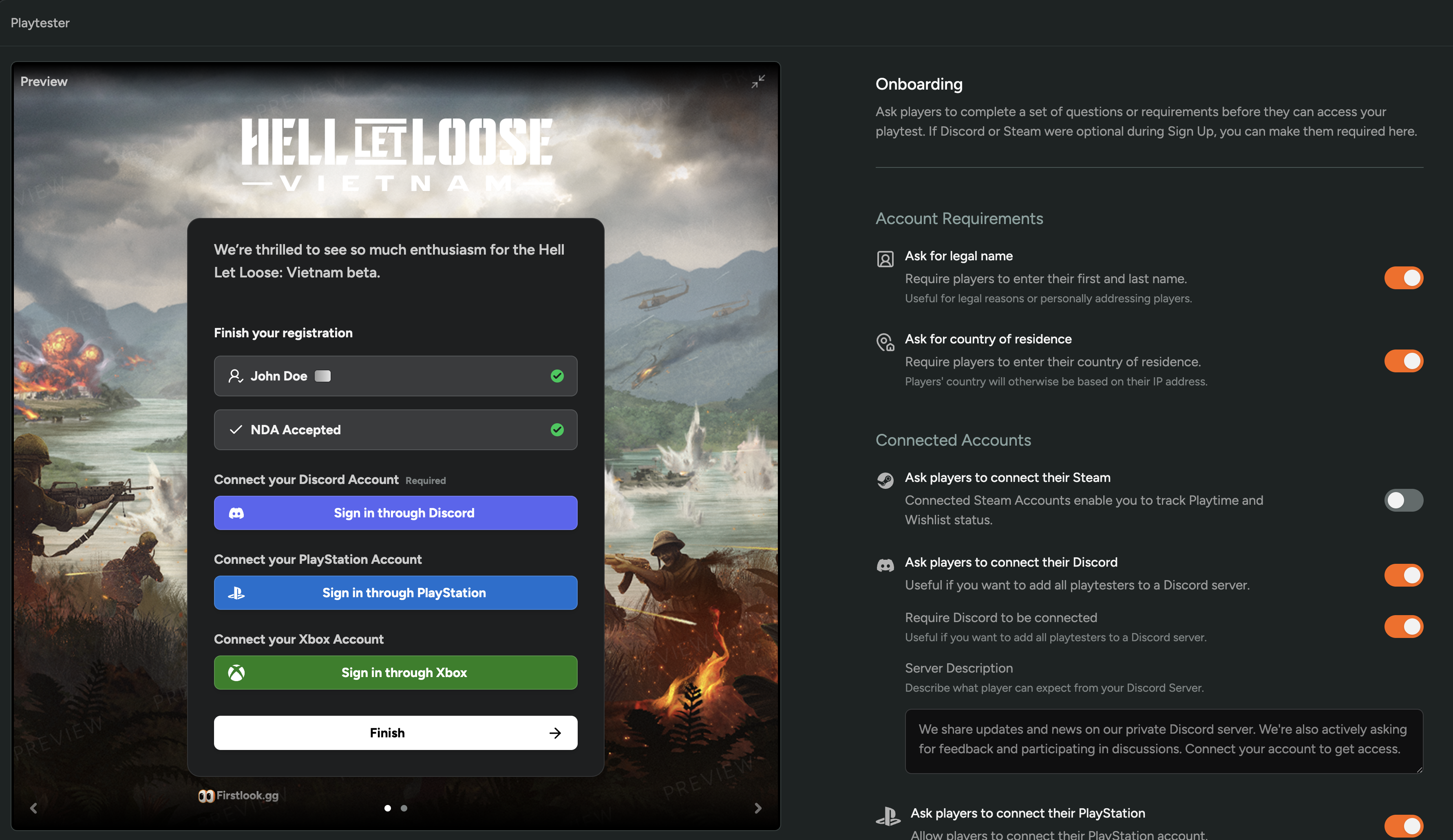 FirstLook playtesting funnel dashboard: Total Players, Waitlist, Invited, Accepted, Onboarded