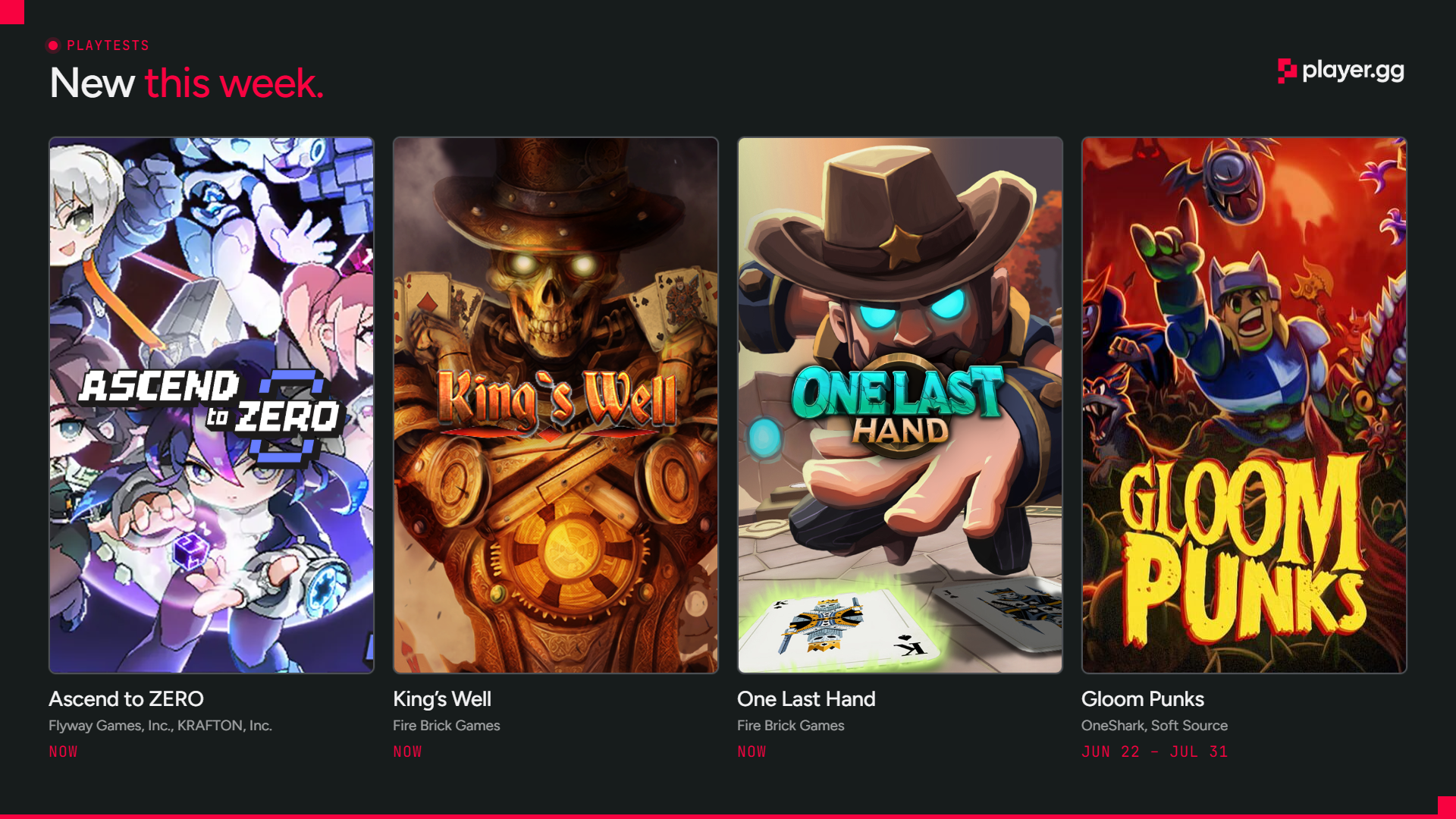 New playtests this week on player.gg: Ascend to ZERO, King's Well, One Last Hand, Gloom Punks