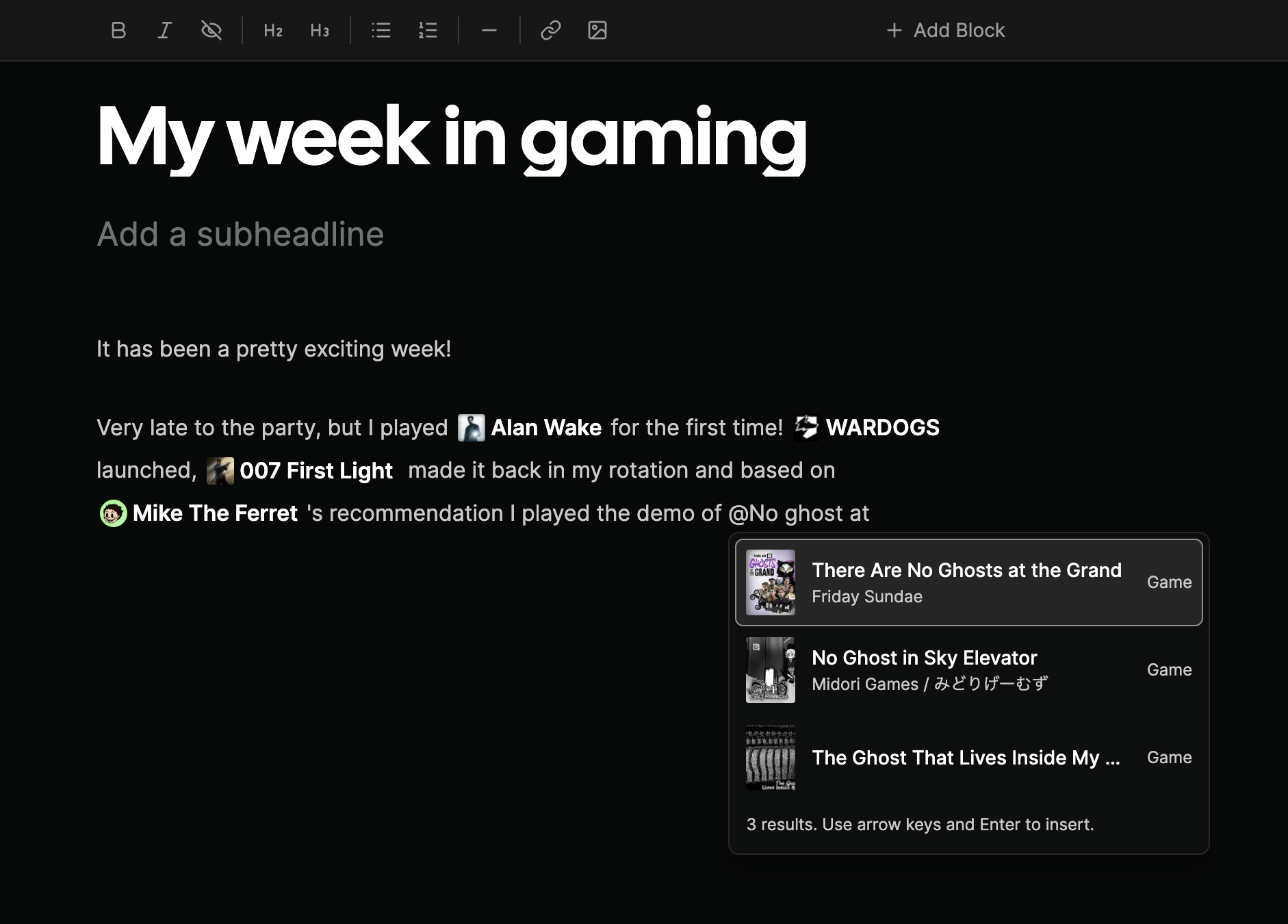 Inline game and curator mentions in a post, with a search menu showing game suggestions.