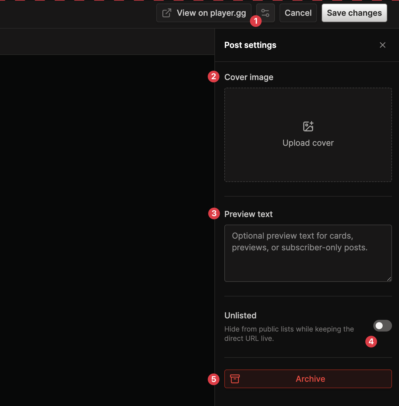 The post editor with Post settings open and numbered callouts for its controls.