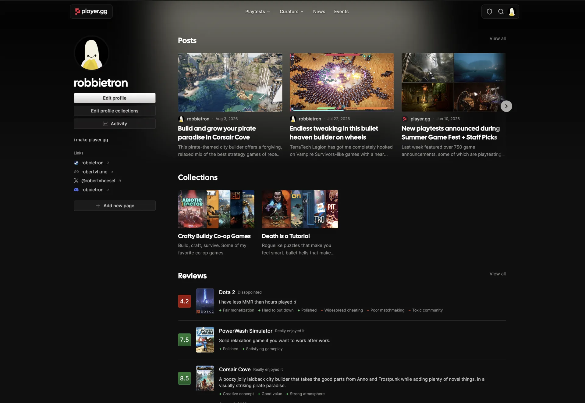An example player.gg curator profile showing a bio, links, posts, game collections, and reviews.