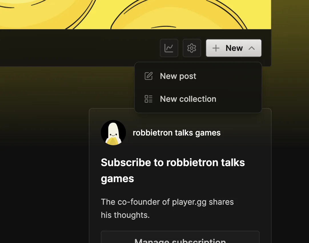 The author controls on a publication, with Activity, Settings, and a New menu for posts and collections.