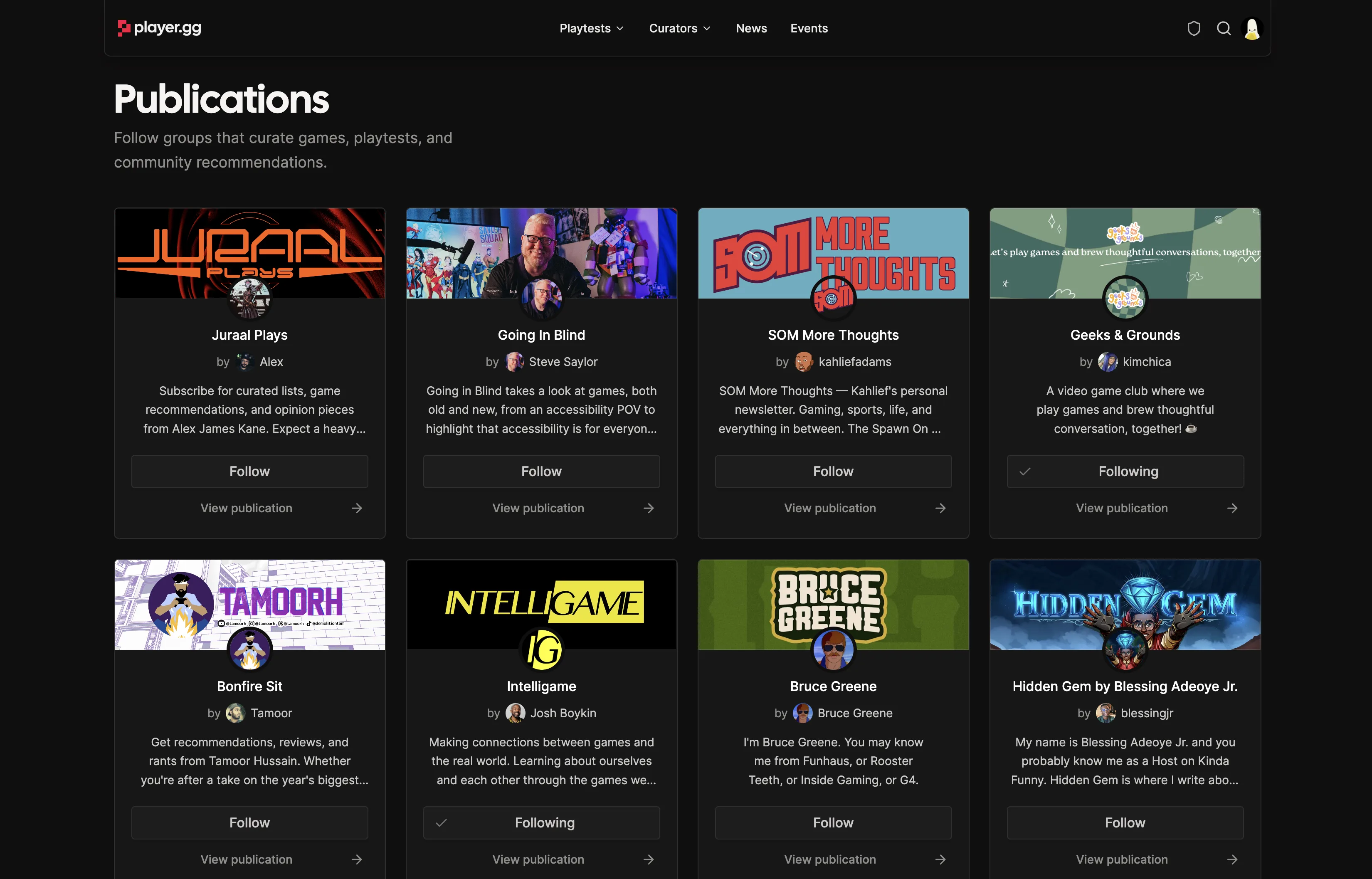 The player.gg Publications page showing publication cards, their curators, and follow controls.