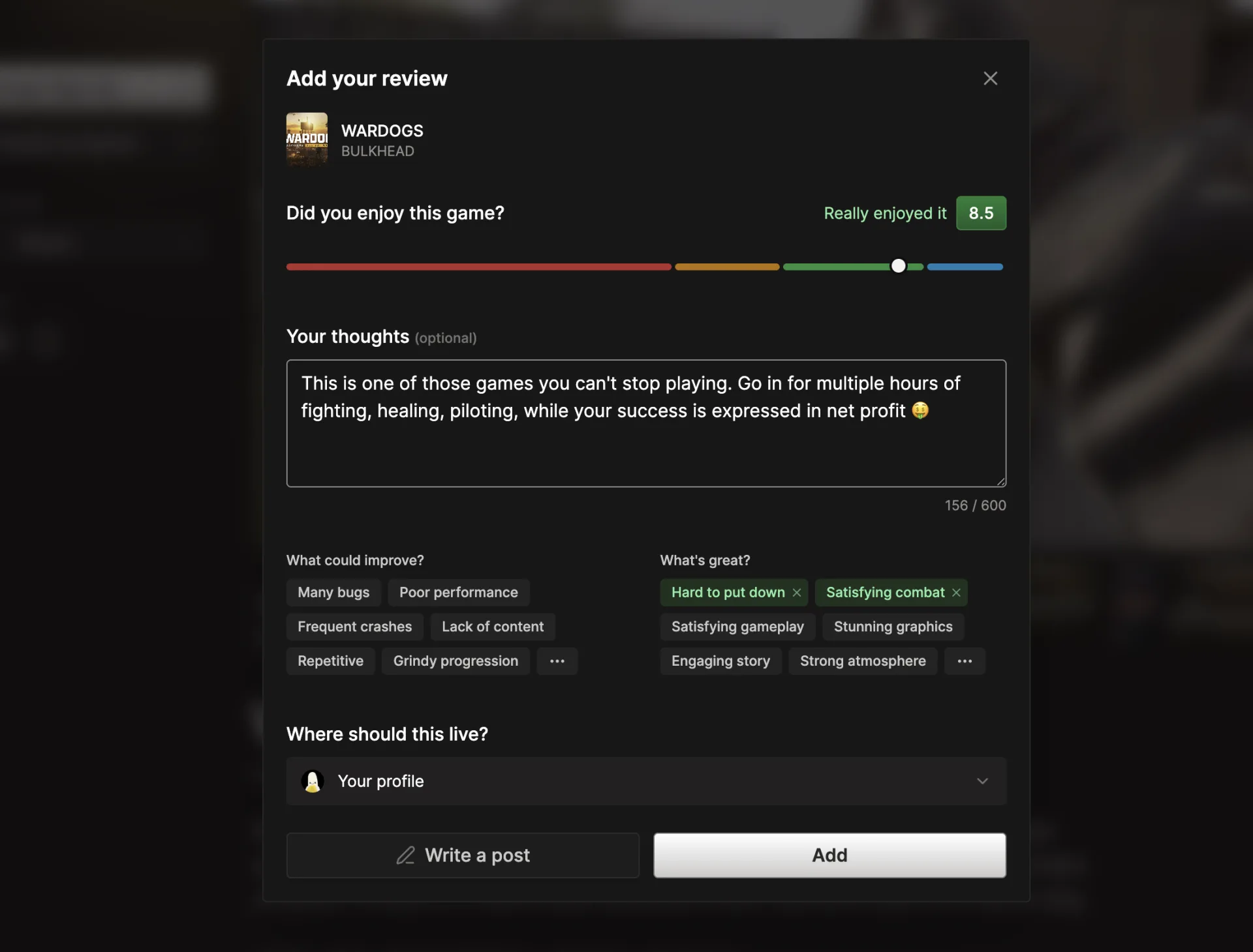 The review composer with an 8.5 score, optional thoughts, positive facets, and publishing options.