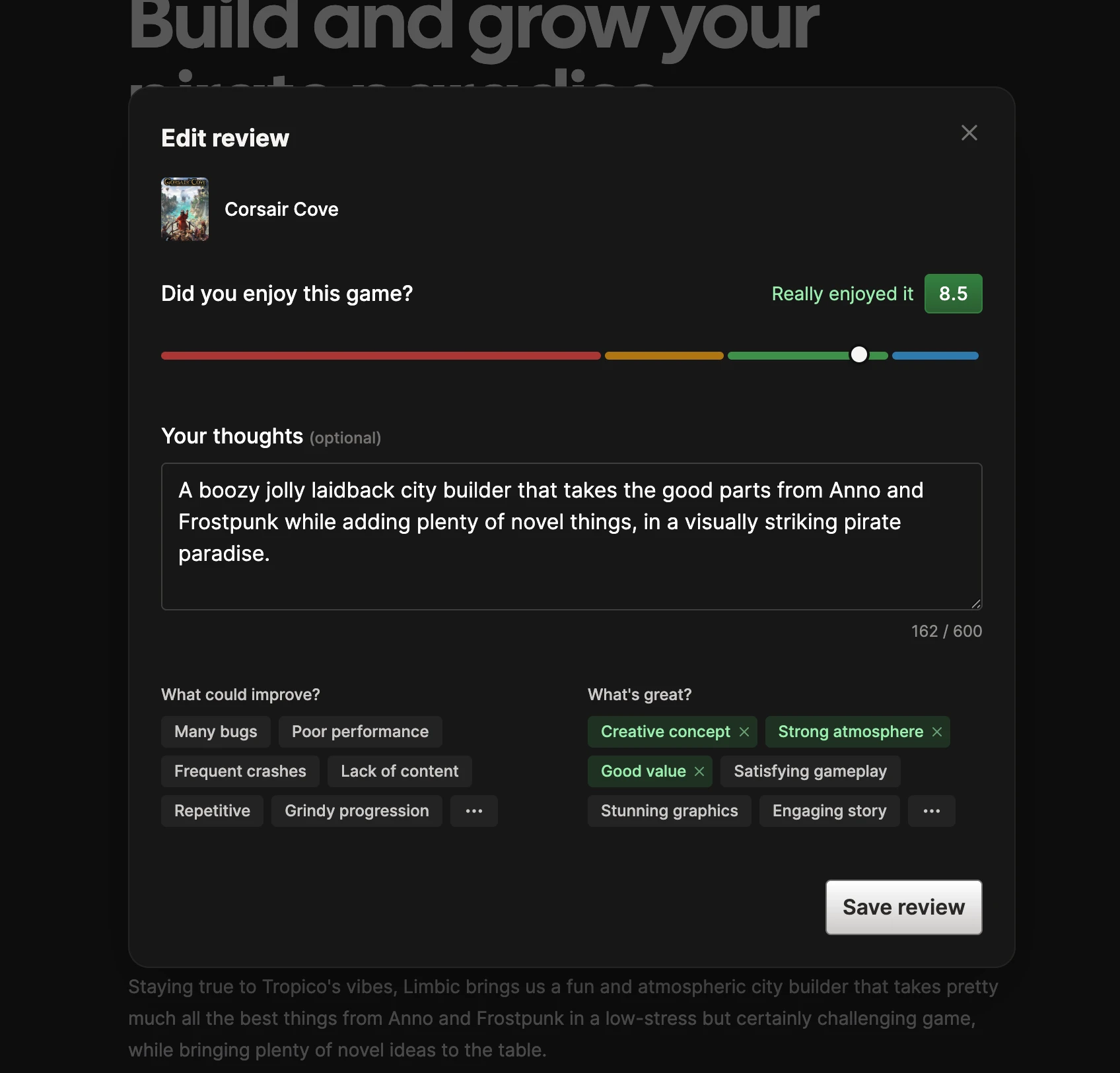 The review editor for Corsair Cove with a rating, written thoughts, and selectable facets.