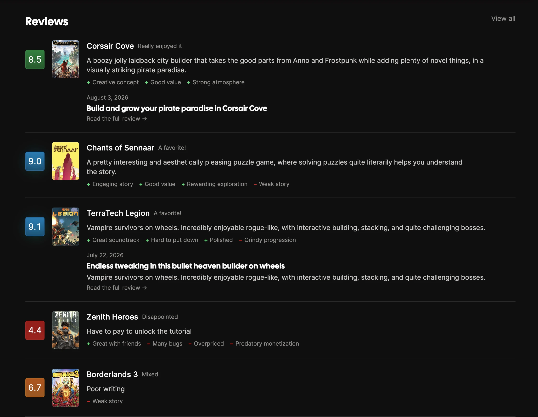 A curator profile showing game ratings, short reviews, facets, and reviews expanded into full posts.