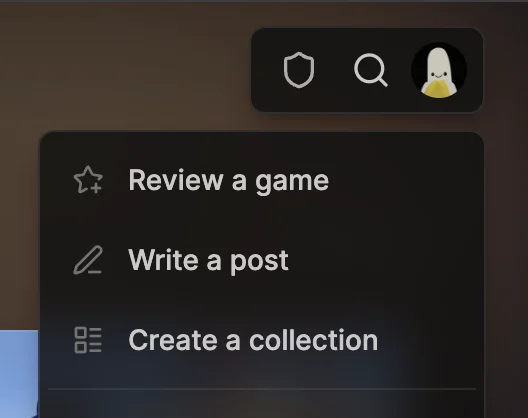 The player.gg account menu with options to review a game, write a post, or create a collection.