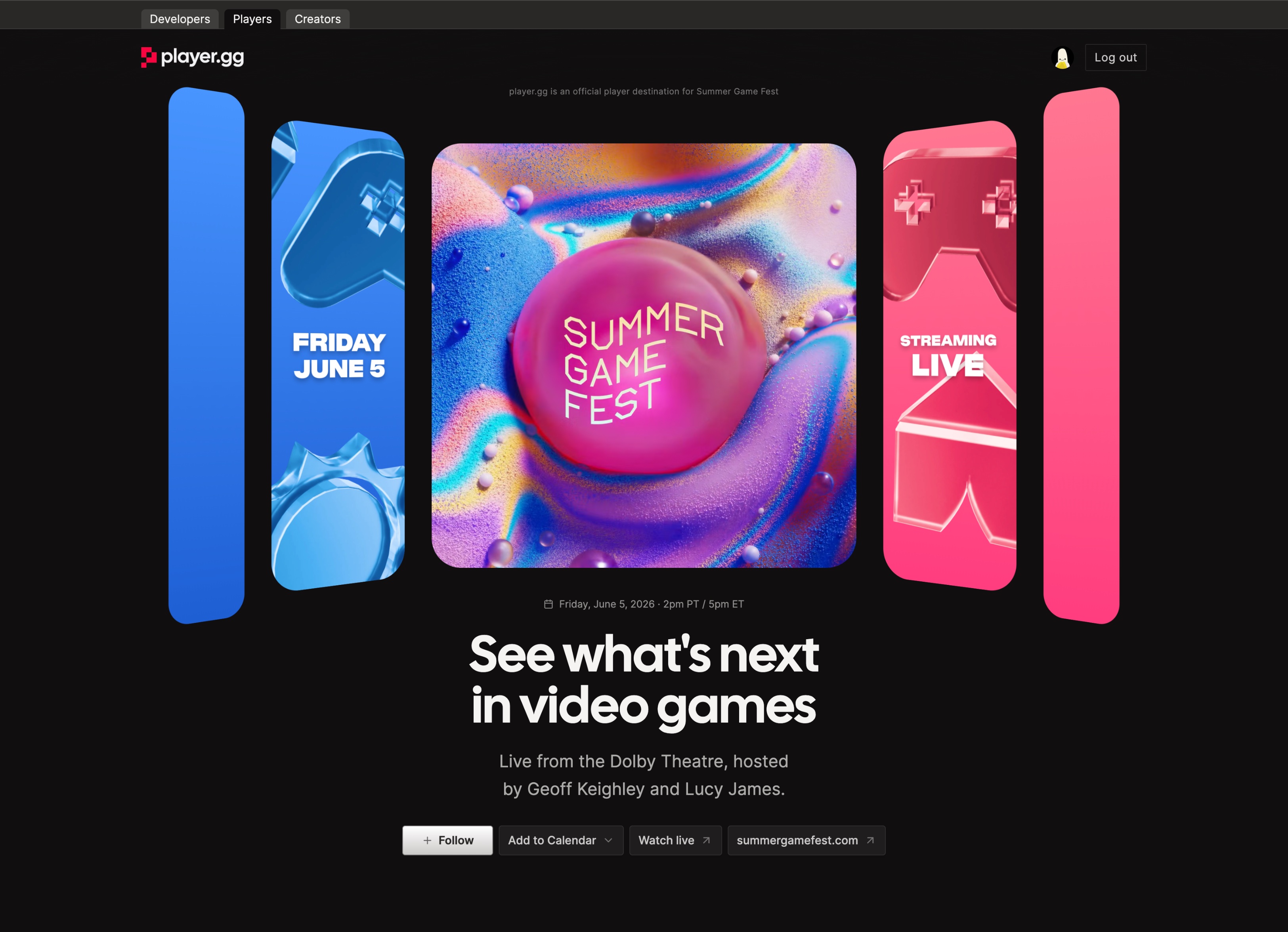 The Summer Game Fest event page on Player.gg, showing featured games and playtest key requests