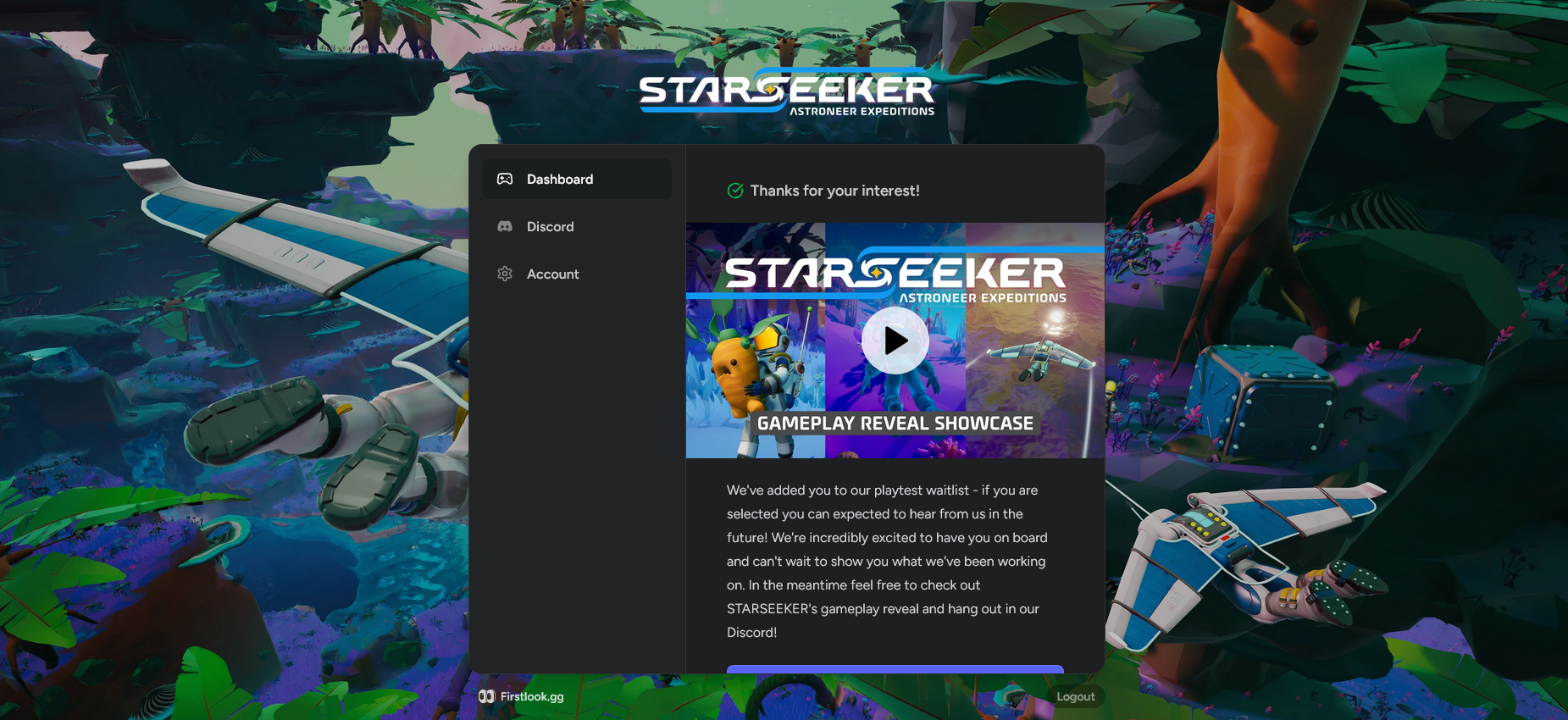 STARSEEKER post-signup dashboard confirming the player has joined the waitlist