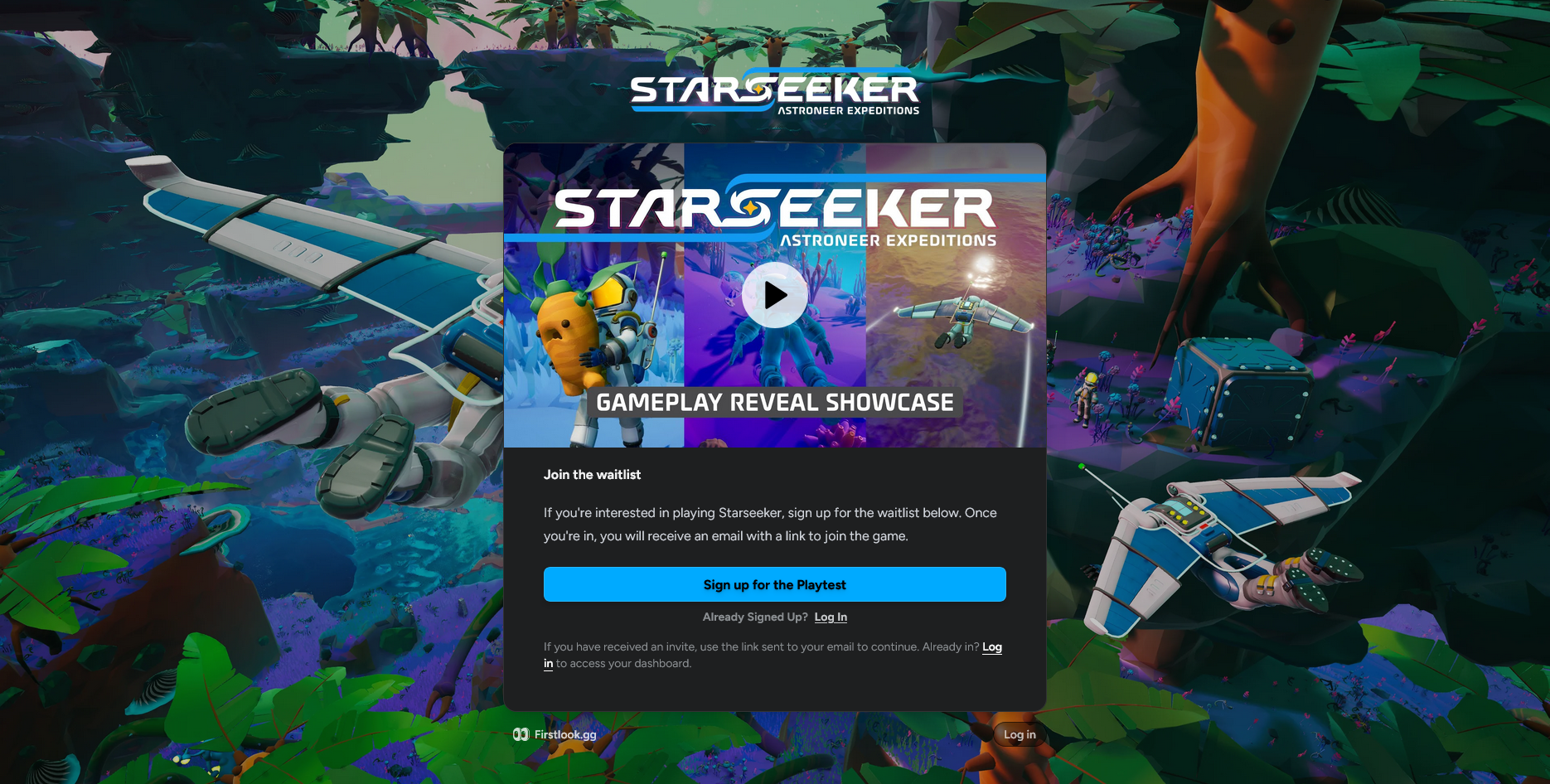STARSEEKER's branded waitlist landing page with the playtest sign-up CTA