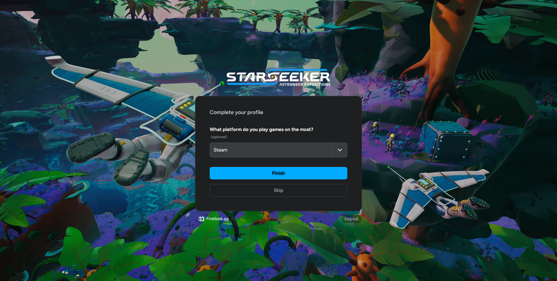 STARSEEKER sign-up profile step asking which platform the player uses most