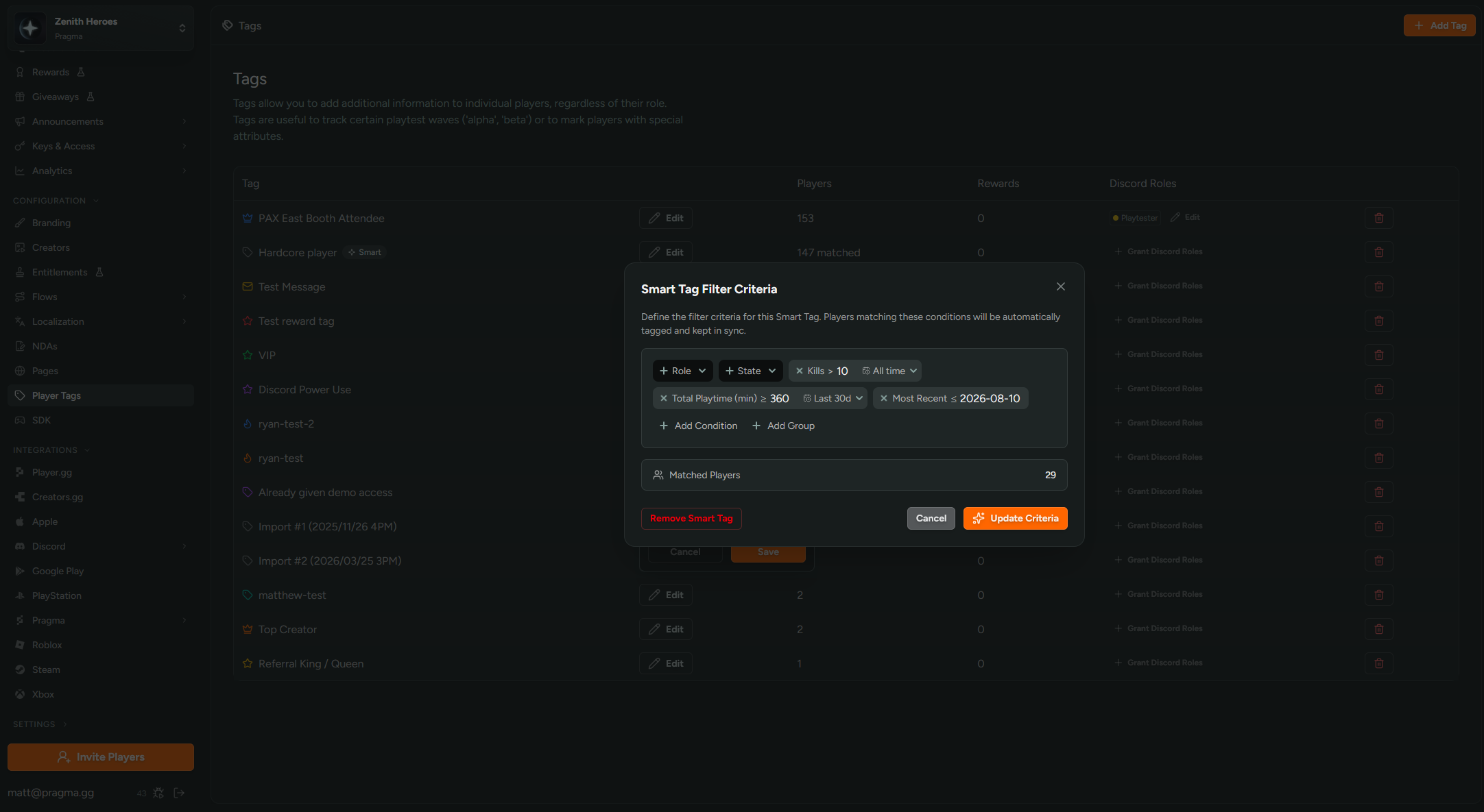 Smart tag editor showing the rules that make a segment fill itself automatically as new players qualify