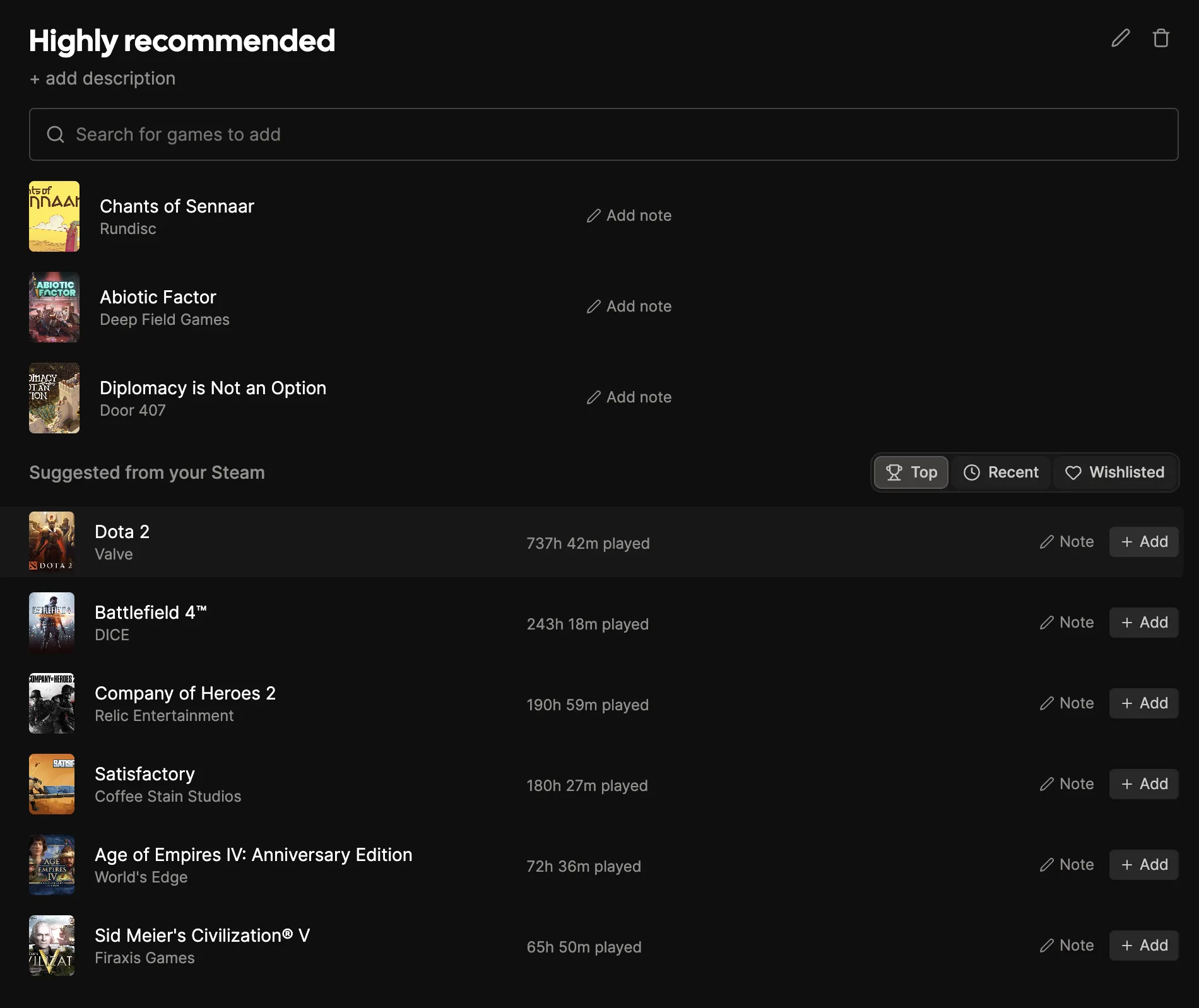 A collection editor showing Top, Recent, and Wishlisted suggestions from a connected Steam account.
