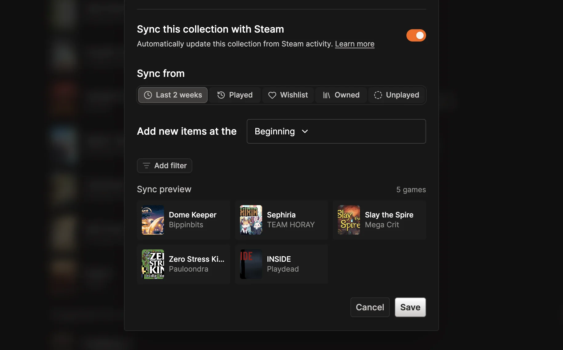 Collection settings showing a Steam sync source, insertion position, filters, and matching game preview.