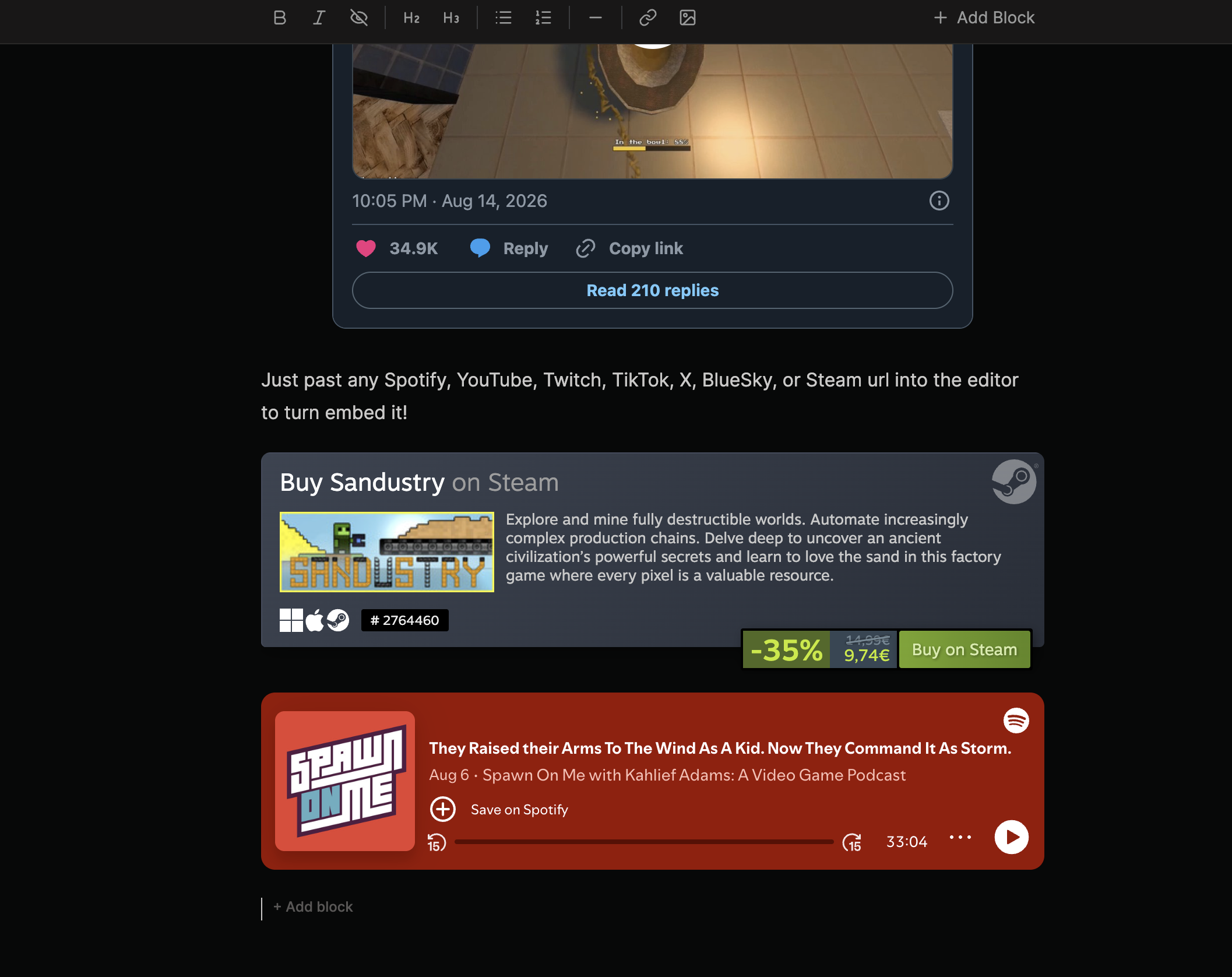 The player.gg editor showing embedded X, Steam, and Spotify content.