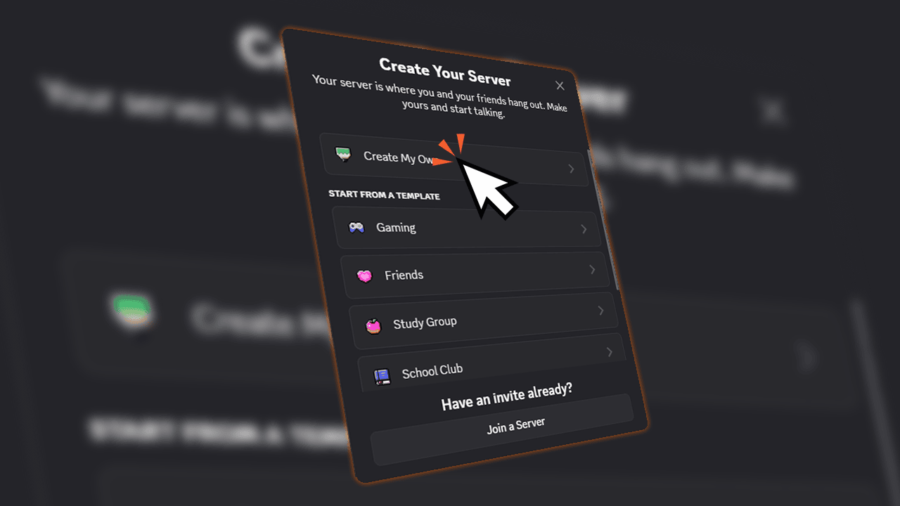 Discord's Create Your Server dialog, showing the option to create a server from scratch or start from a Gaming, Friends, Study Group, or School Club template